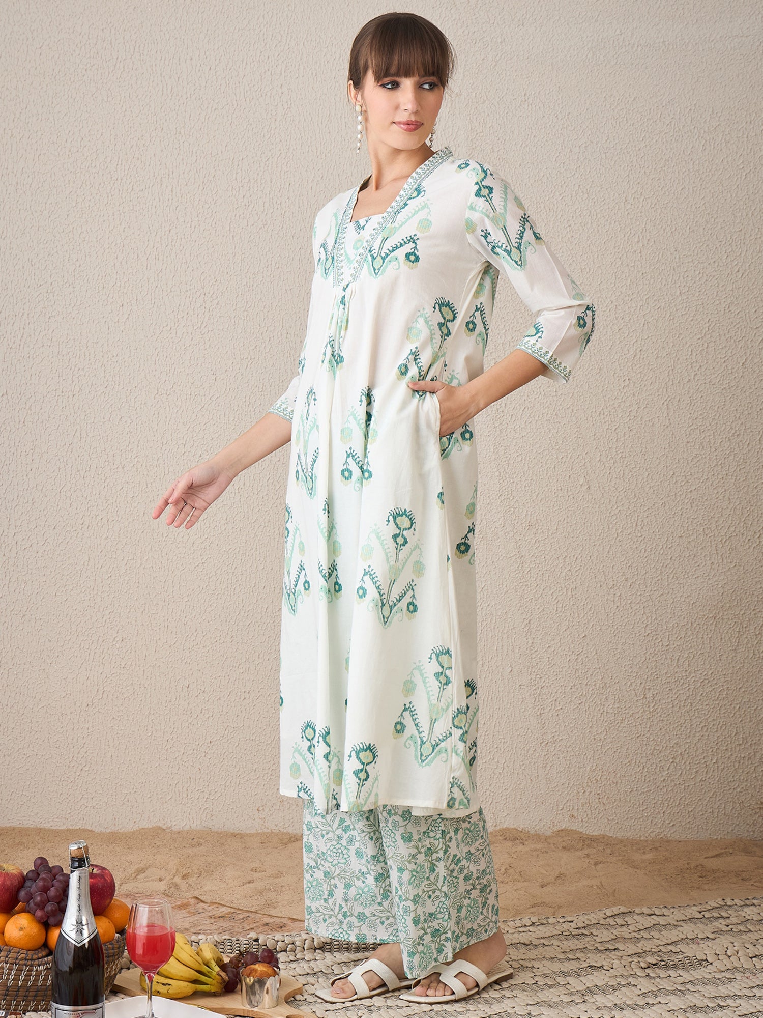 Women White Printed A-Line Kurta Palazzos Set