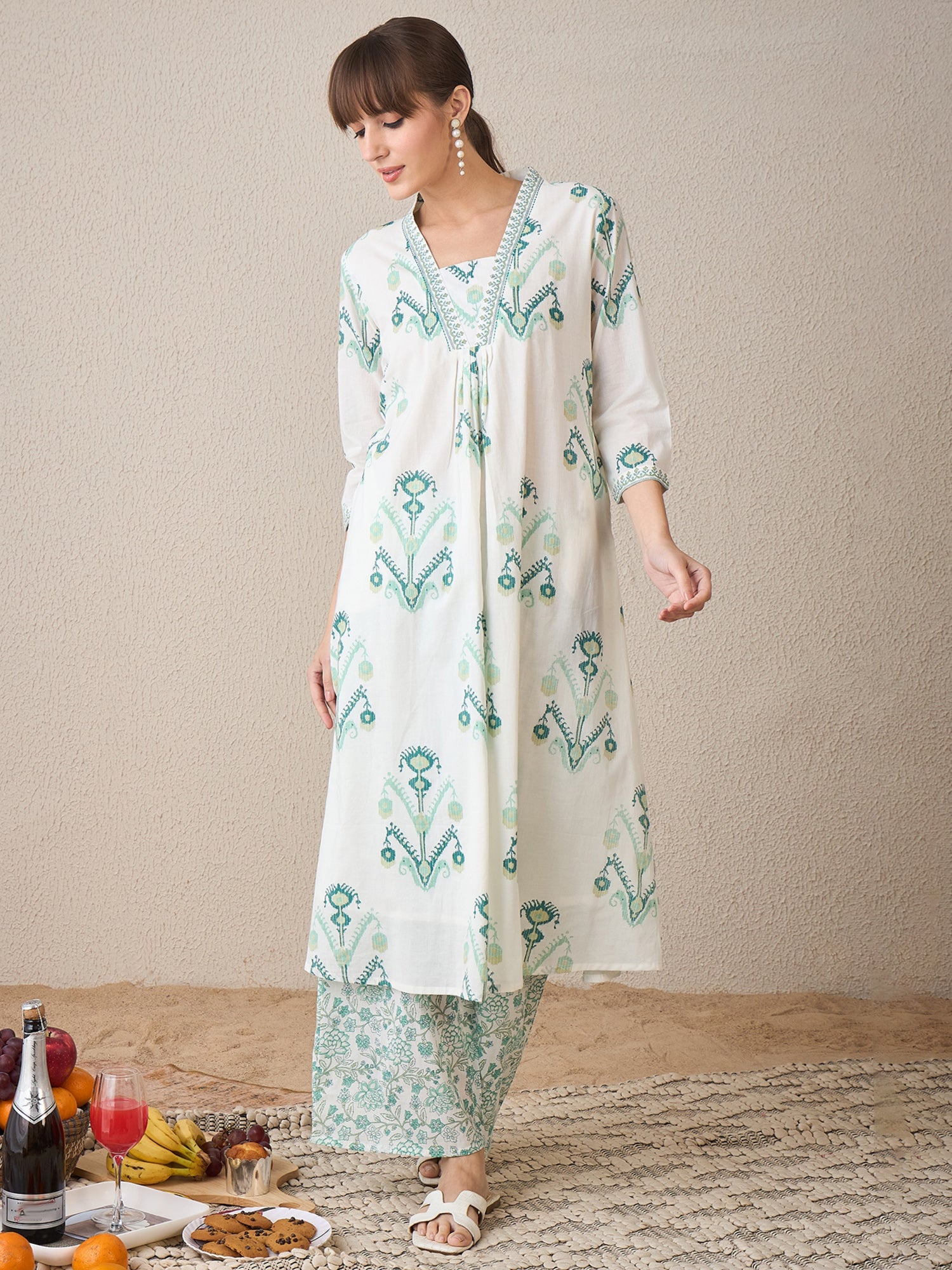 Women White Printed A-Line Kurta Palazzos Set