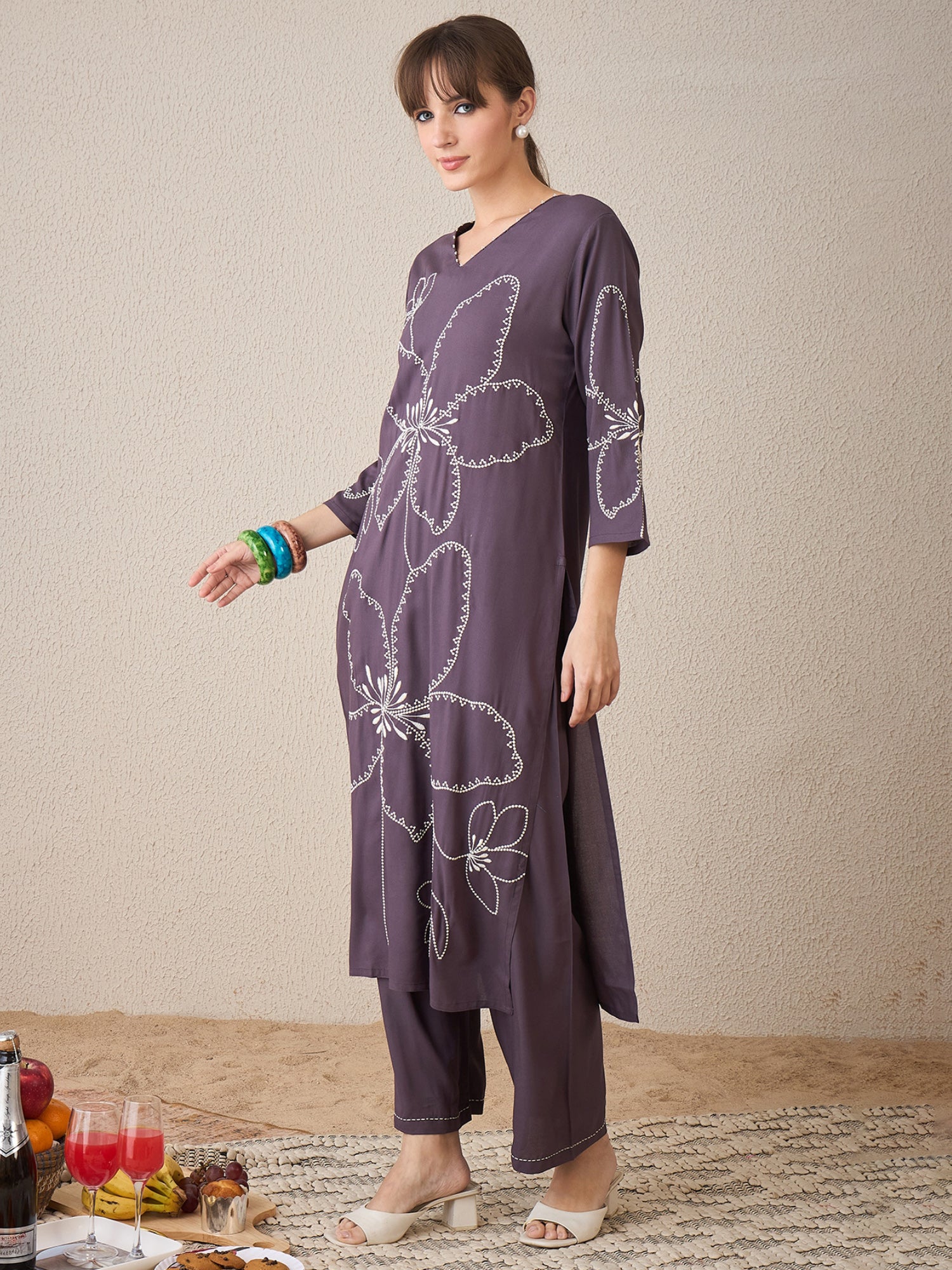 Women Grey Embroidered Straight Kurta Palazzos  Set
