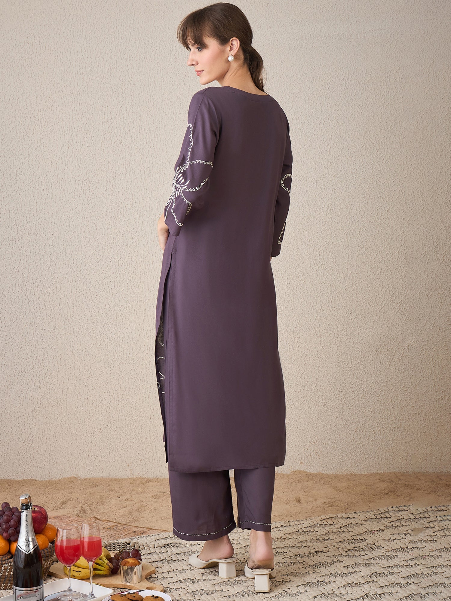 Women Grey Embroidered Straight Kurta Palazzos  Set