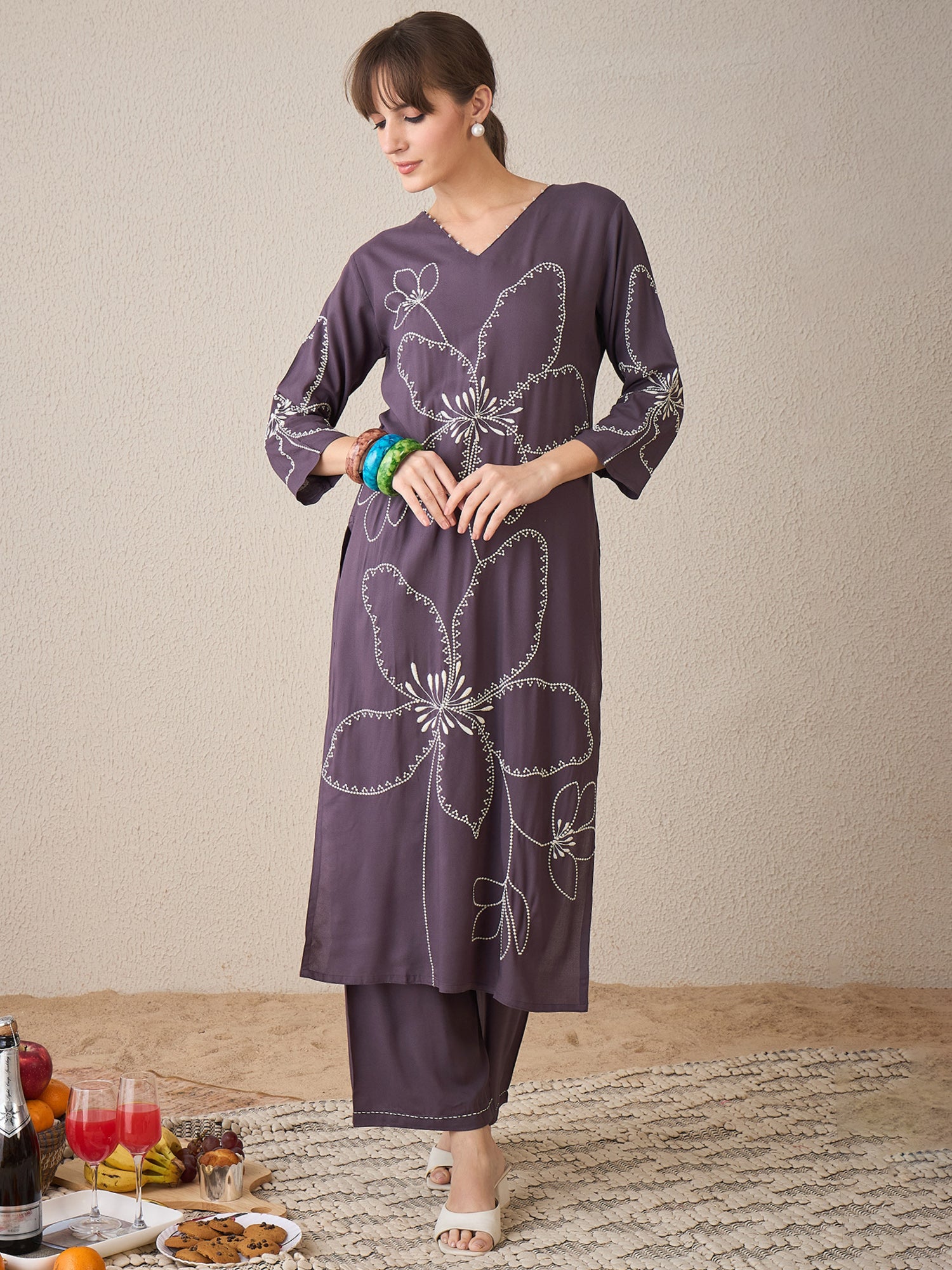 Women Grey Embroidered Straight Kurta Palazzos  Set