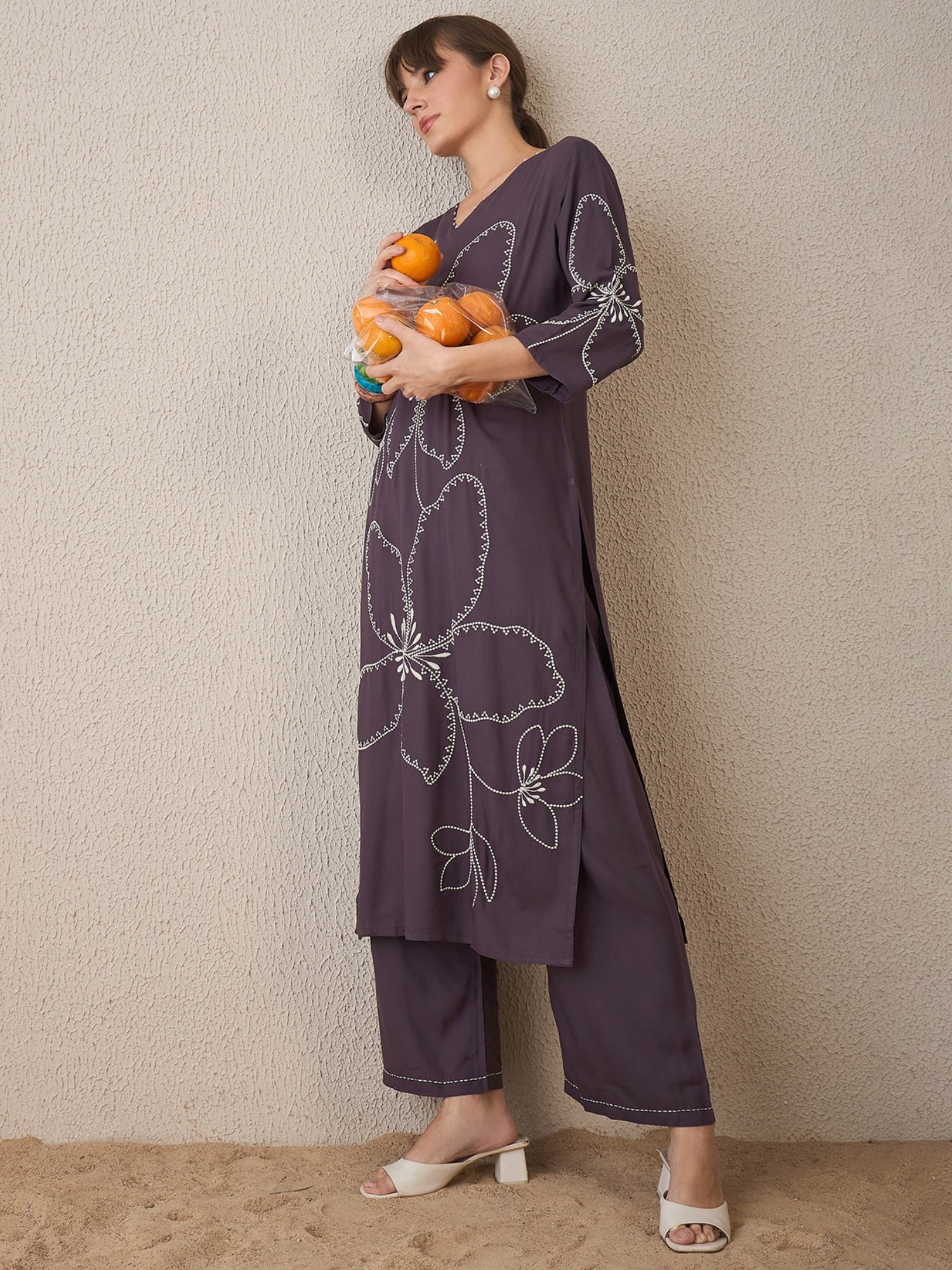 Women Grey Embroidered Straight Kurta Palazzos  Set