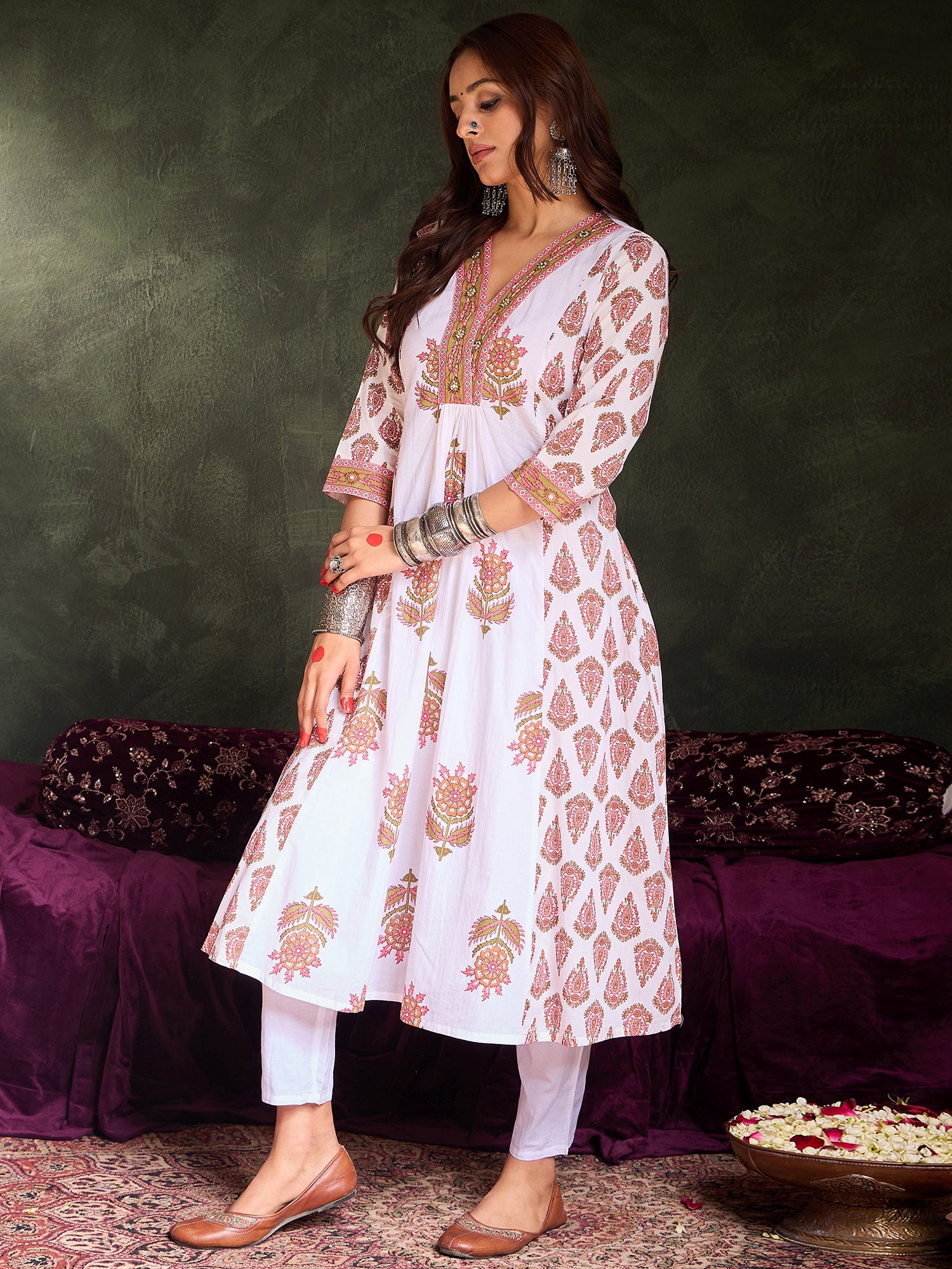 Women White Printed A-Line Kurta Set