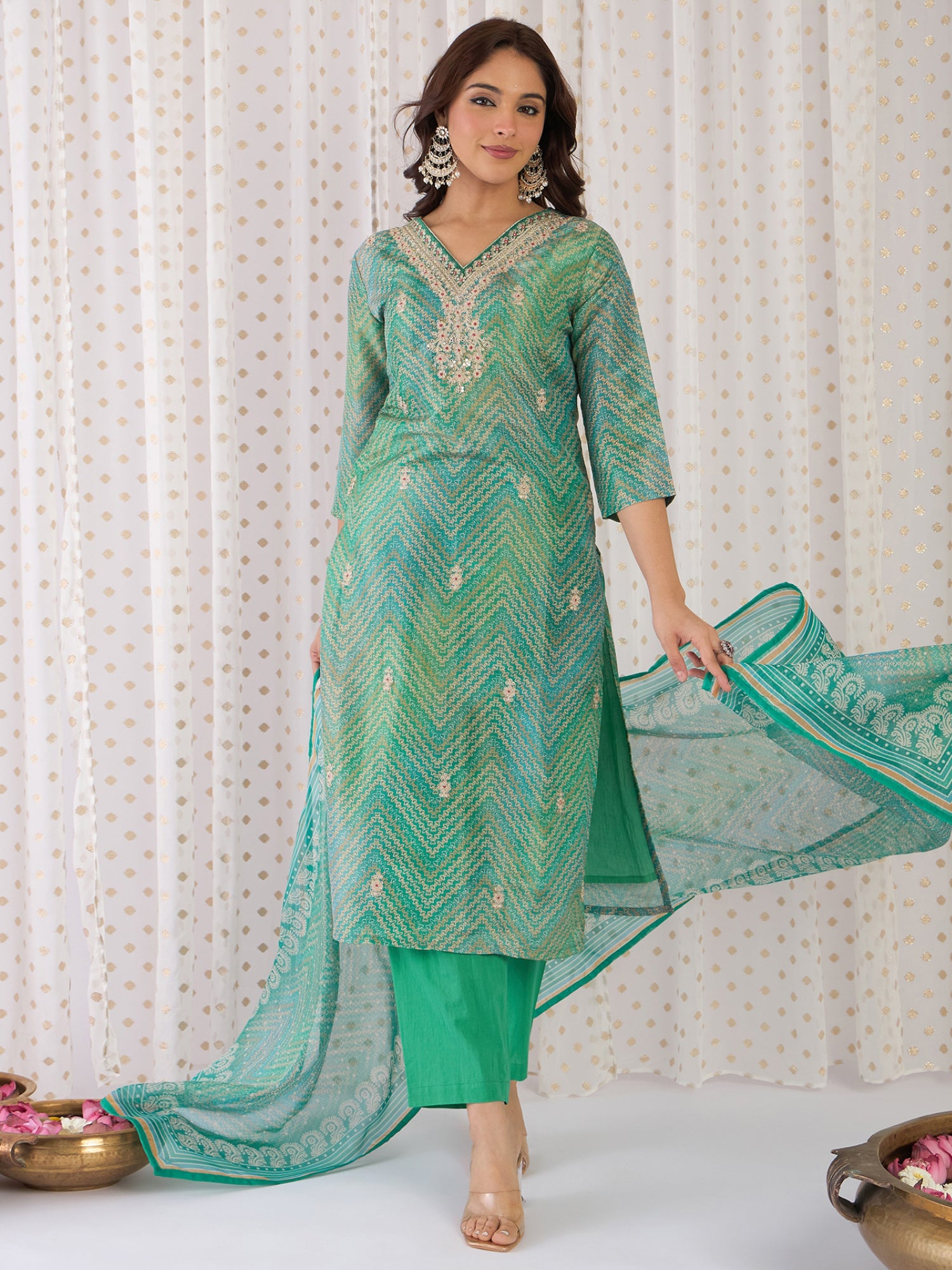 Women Multi Embroidered Straight Kurta Trousers With Dupatta Set