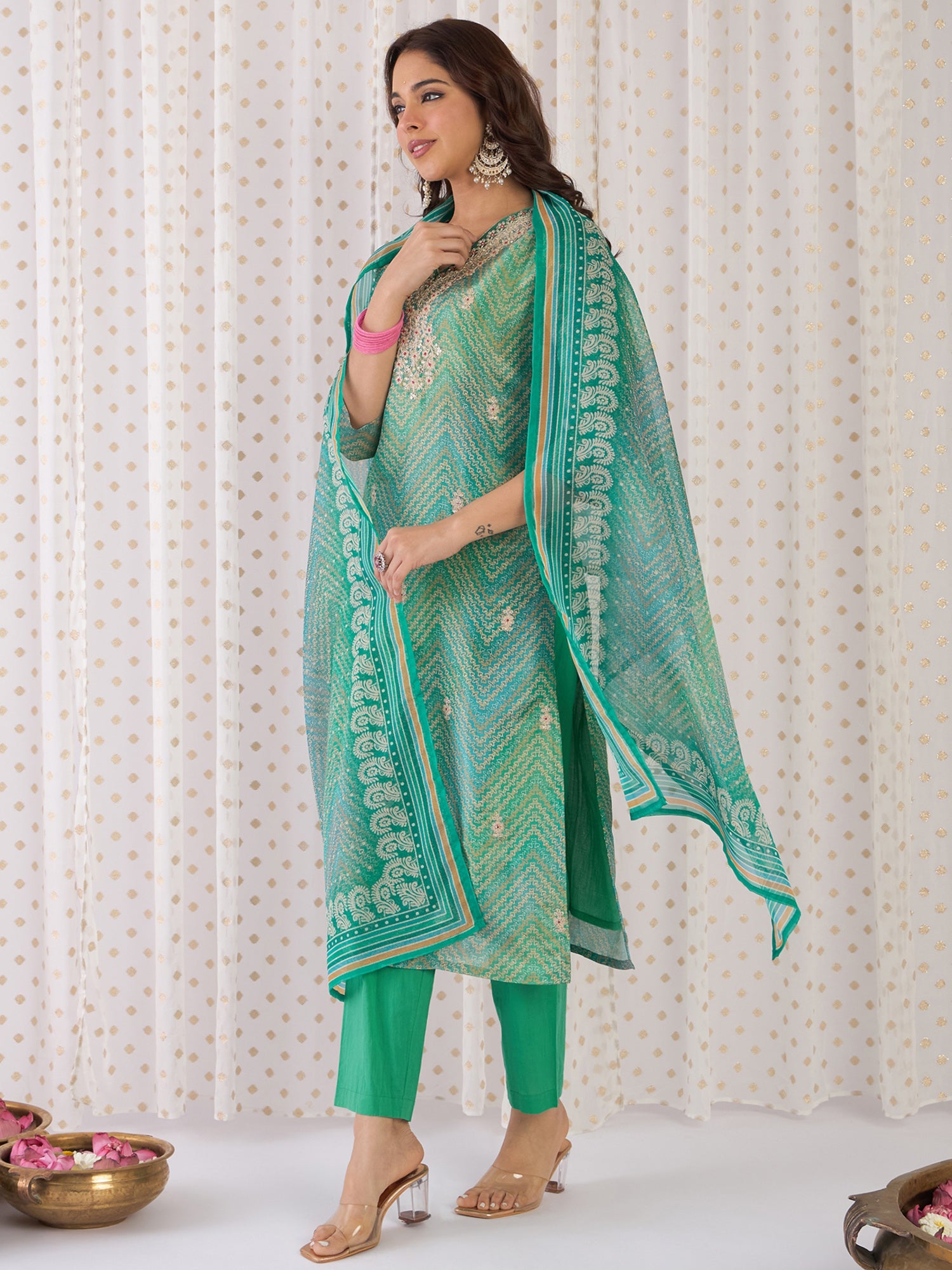 Women Multi Embroidered Straight Kurta Trousers With Dupatta Set