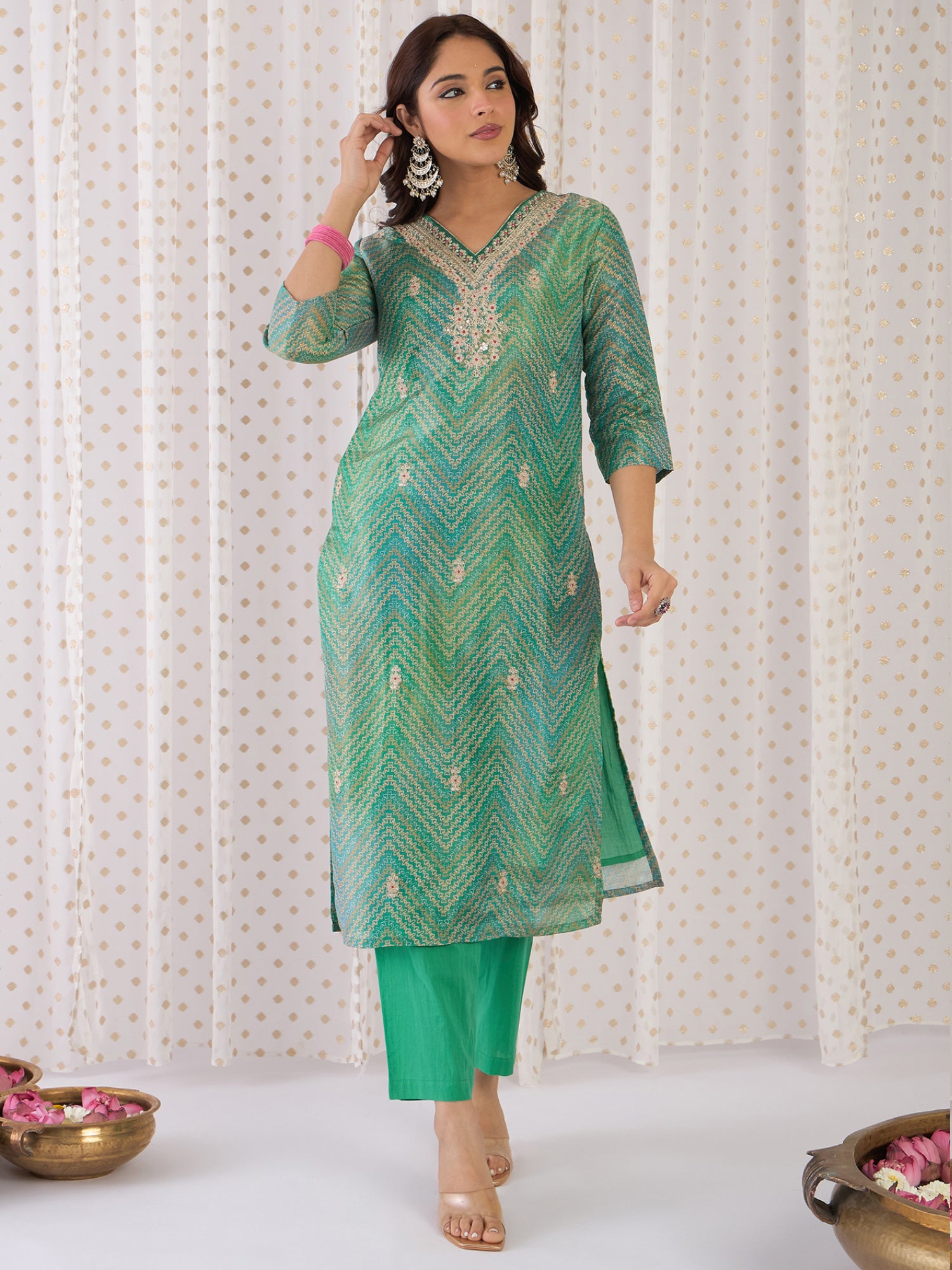 Women Multi Embroidered Straight Kurta Trousers With Dupatta Set