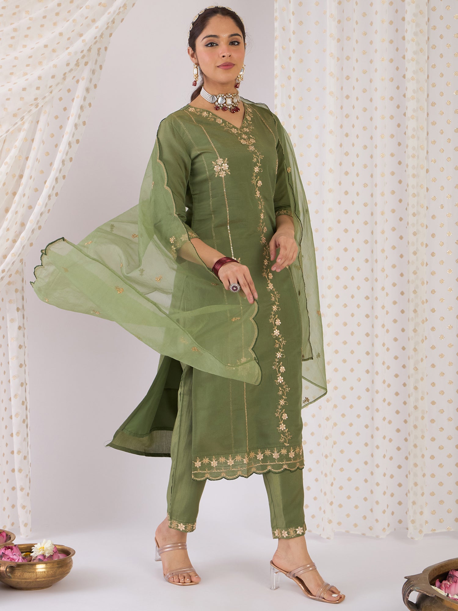 Women Green Embroidered Straight Kurta Trousers With Dupatta Set