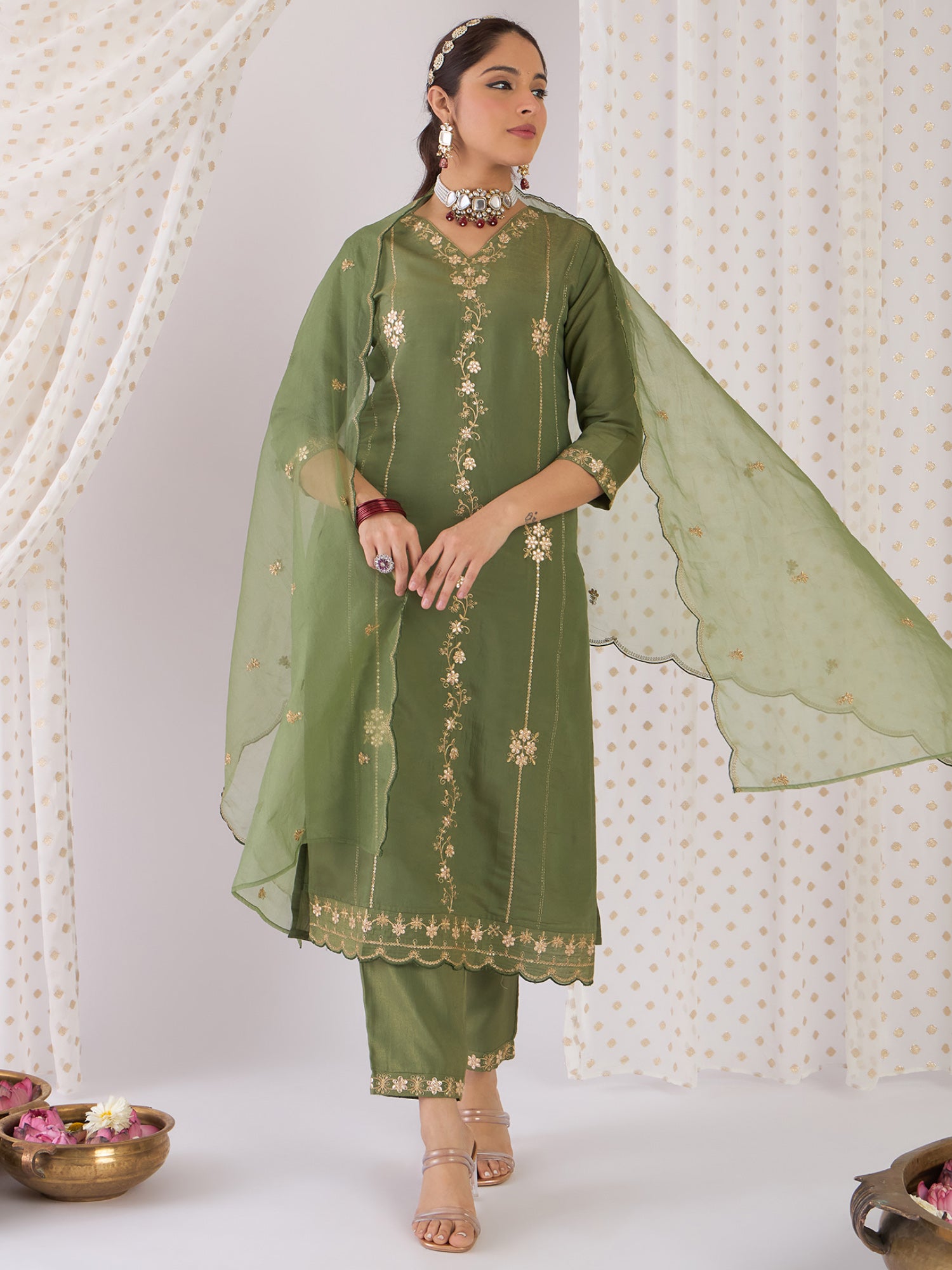 Women Green Embroidered Straight Kurta Trousers With Dupatta Set