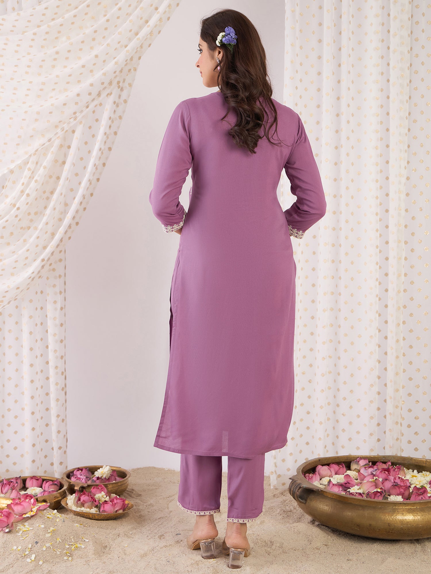 Women Lavender Embroidered Straight Kurta Trousers  Set