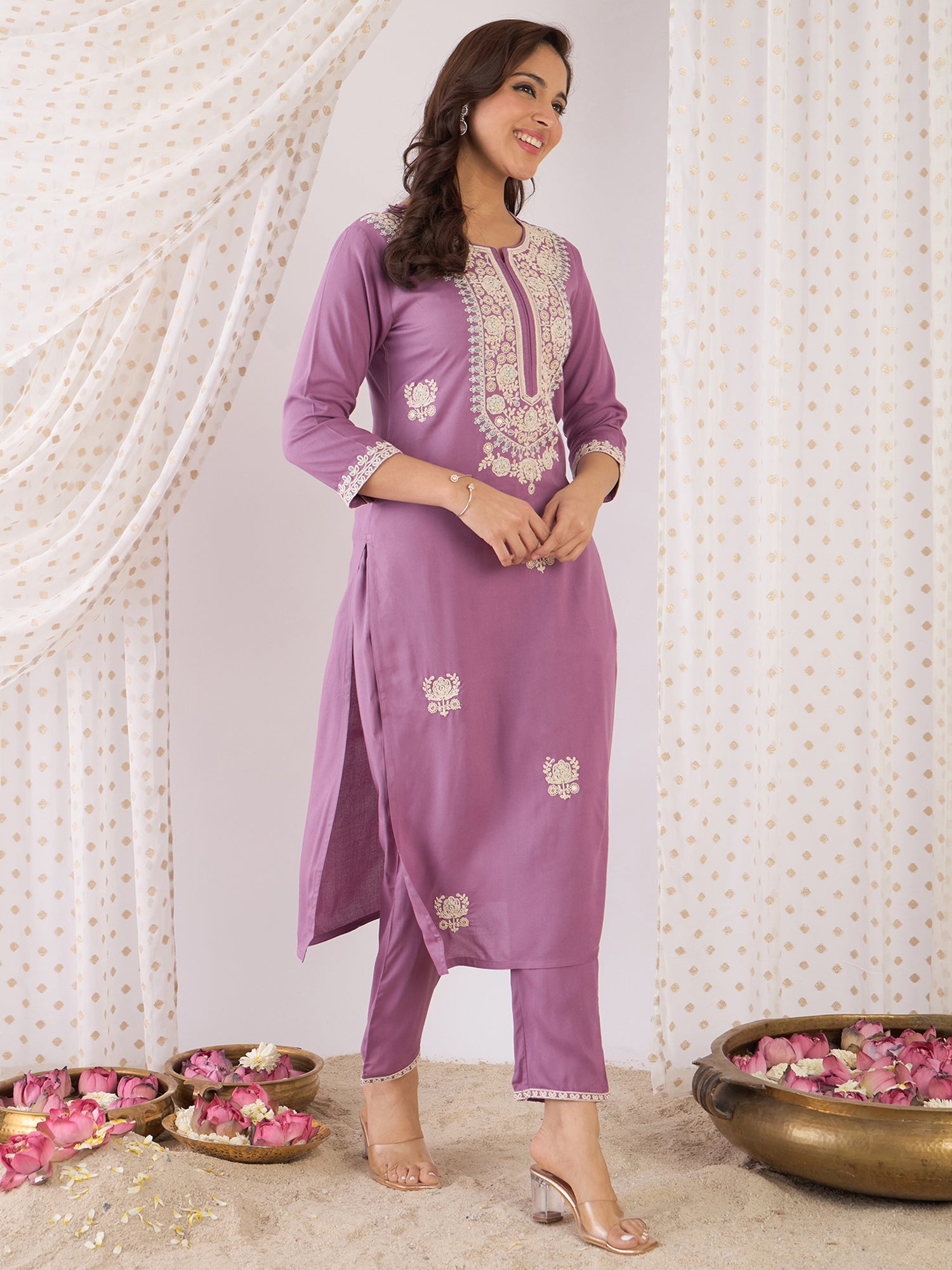Women Lavender Embroidered Straight Kurta Trousers  Set