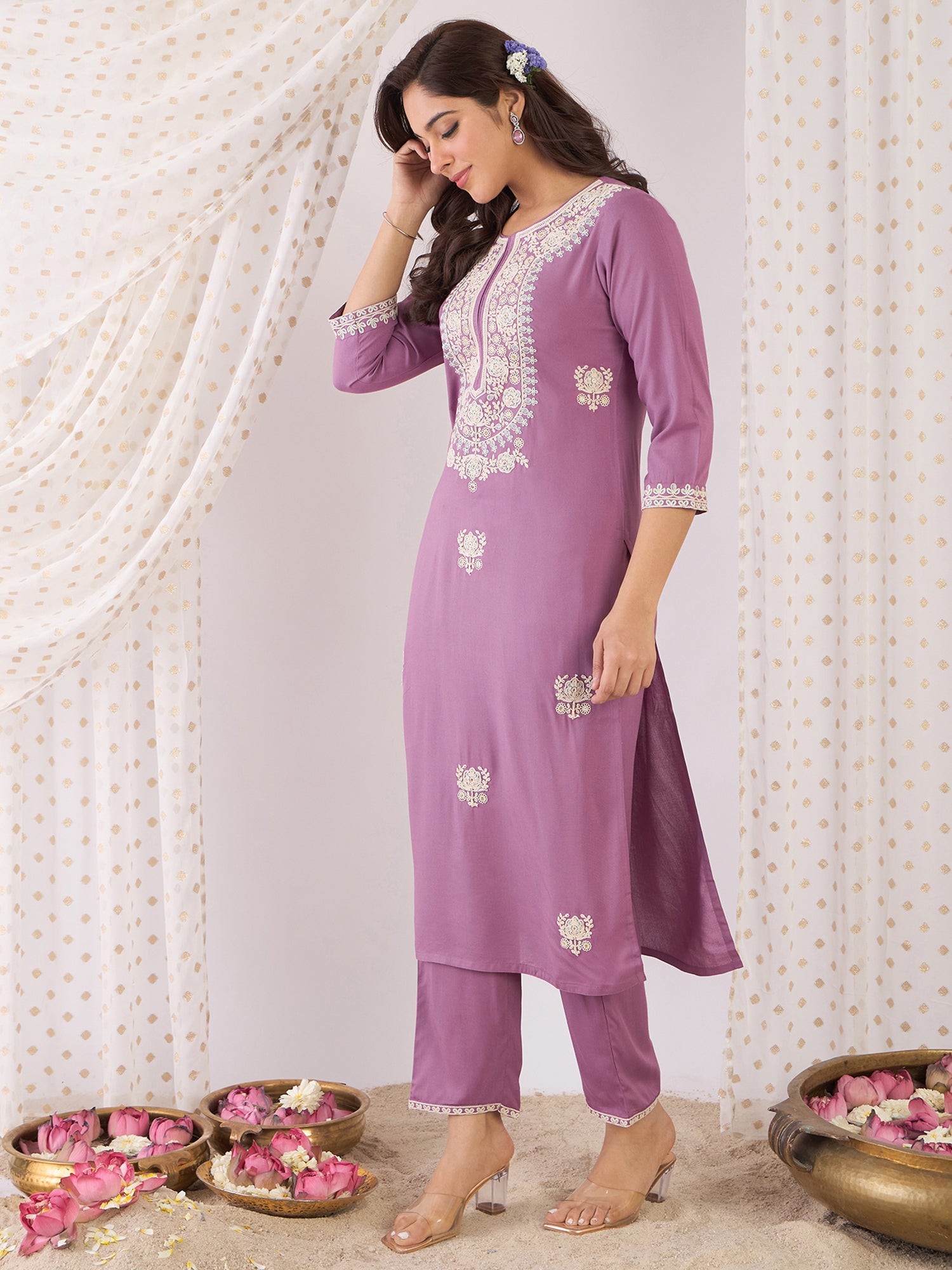 Women Lavender Embroidered Straight Kurta Trousers  Set
