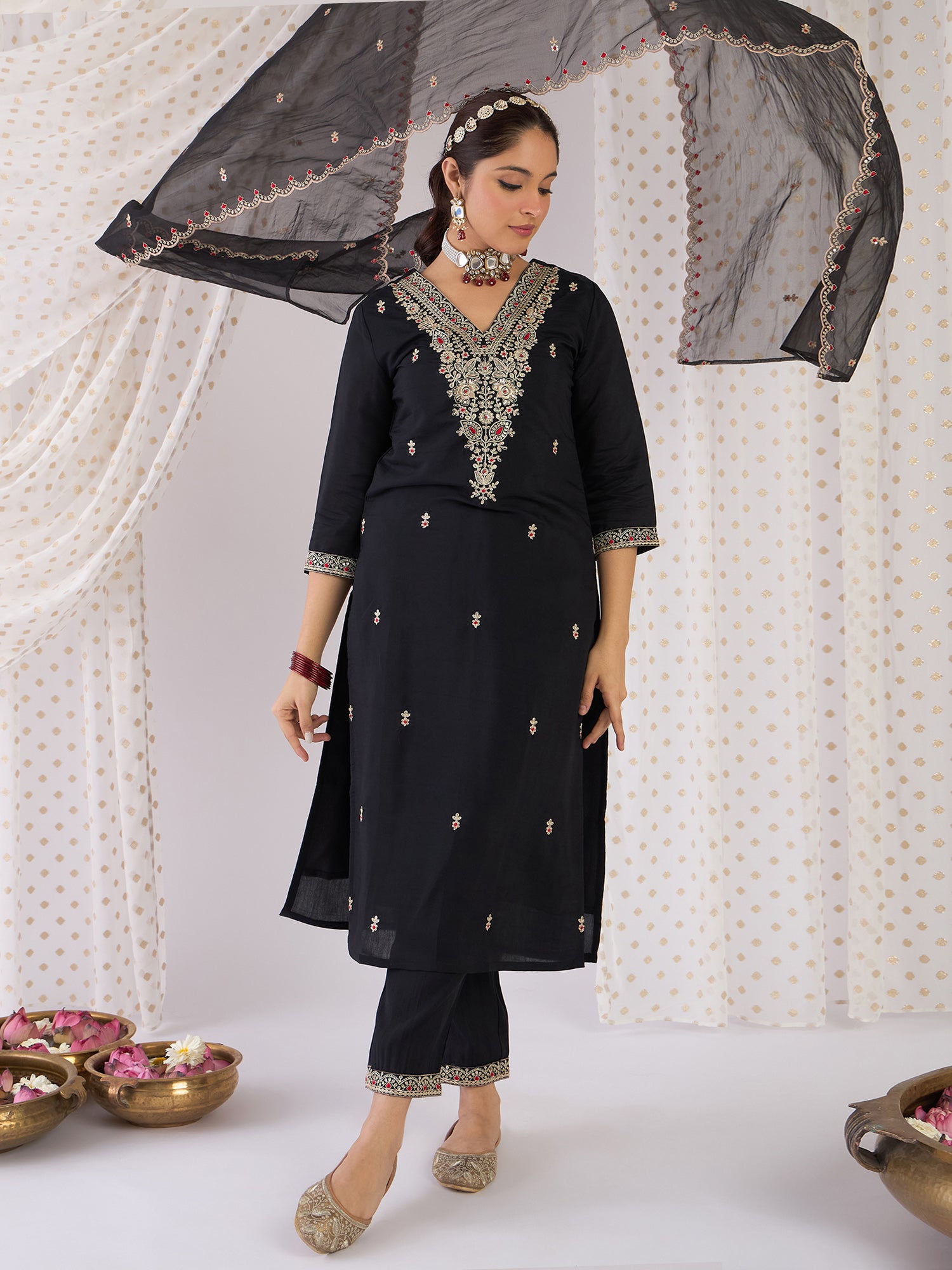 Women Black Embroidered Straight Kurta Trousers With Dupatta Set