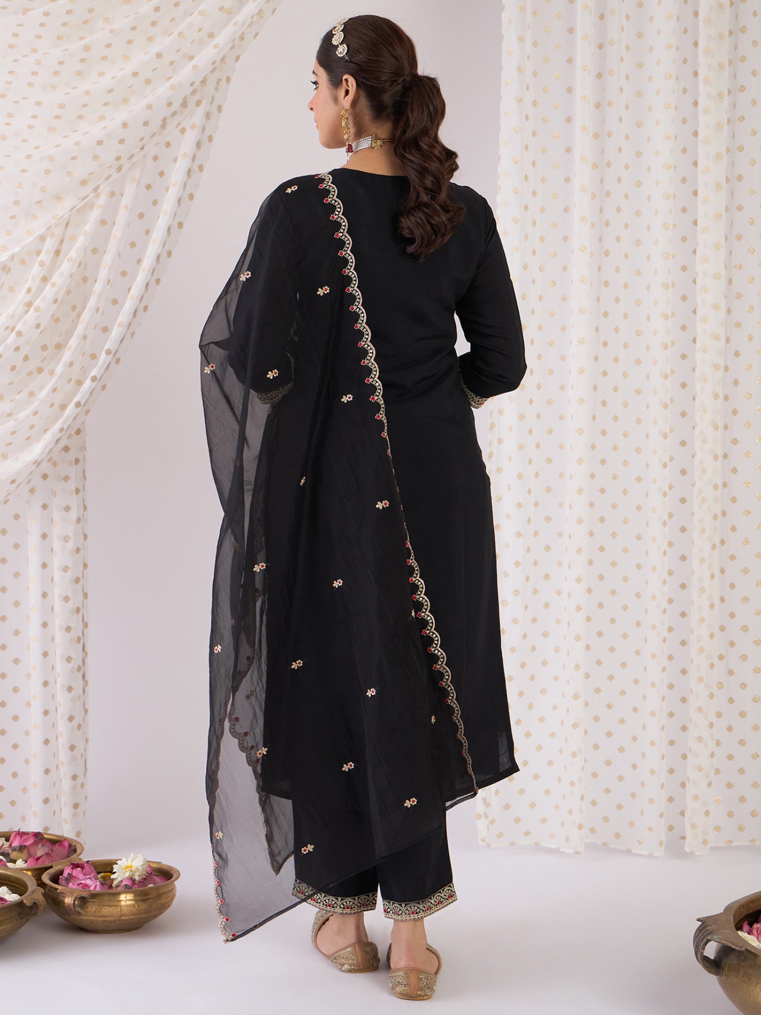 Women Black Embroidered Straight Kurta Trousers With Dupatta Set