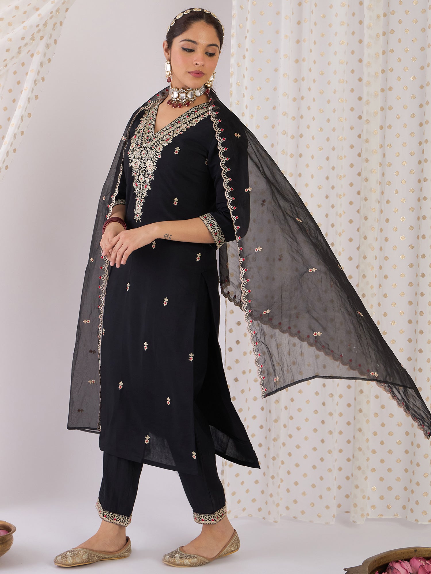 Women Black Embroidered Straight Kurta Trousers With Dupatta Set