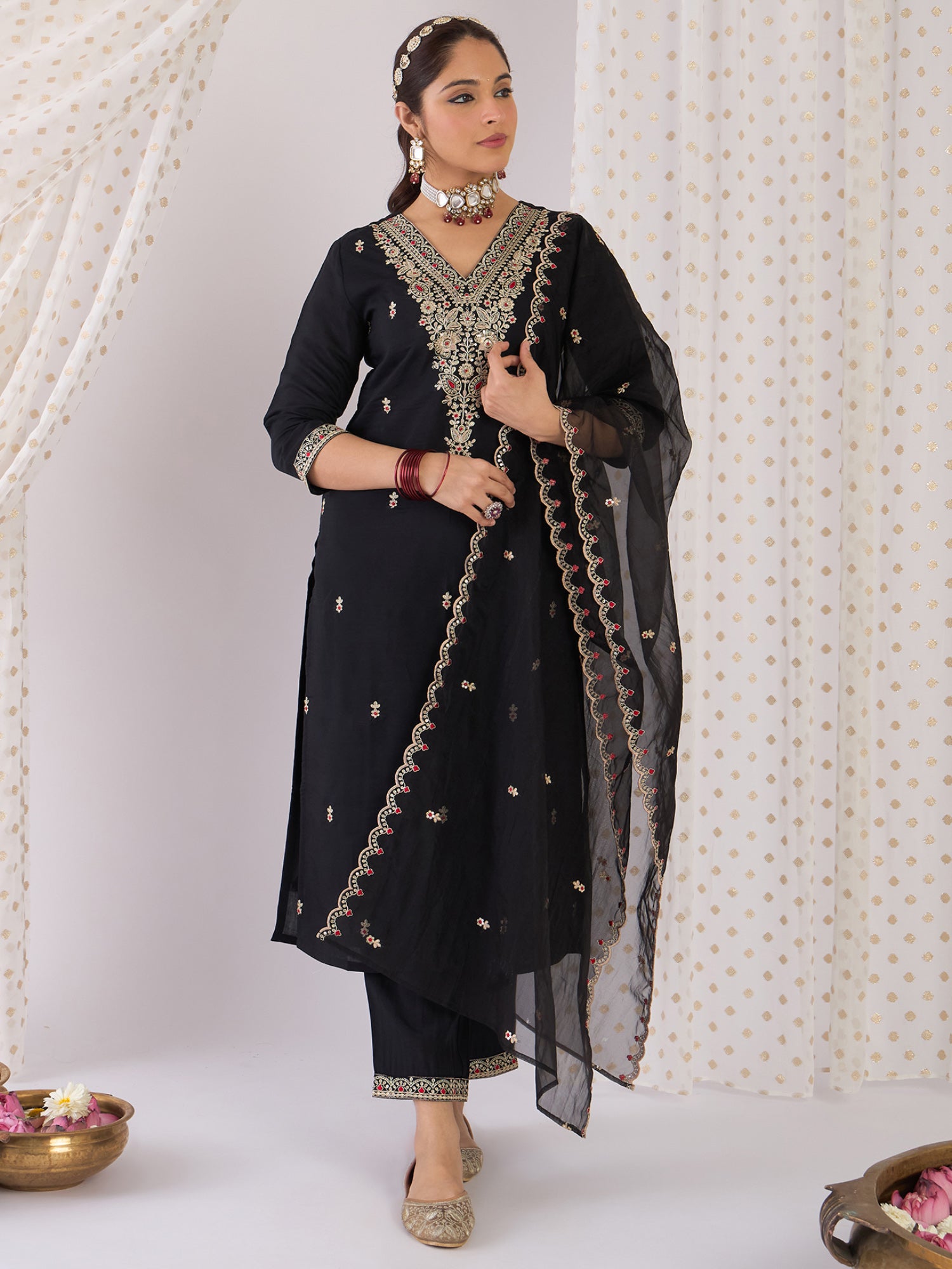 Women Black Embroidered Straight Kurta Trousers With Dupatta Set