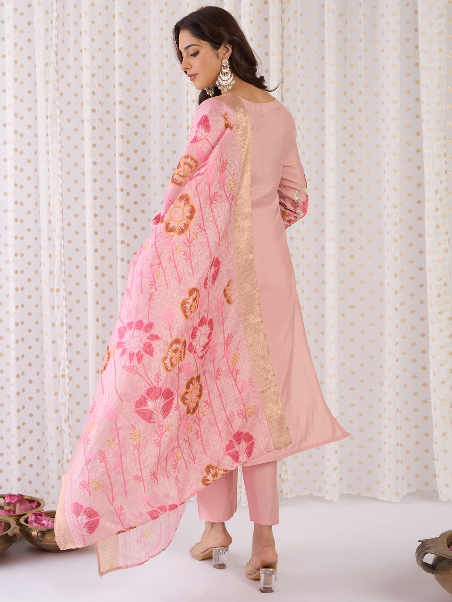 Women Peach Embroidered Straight Kurta Trousers With Dupatta Set