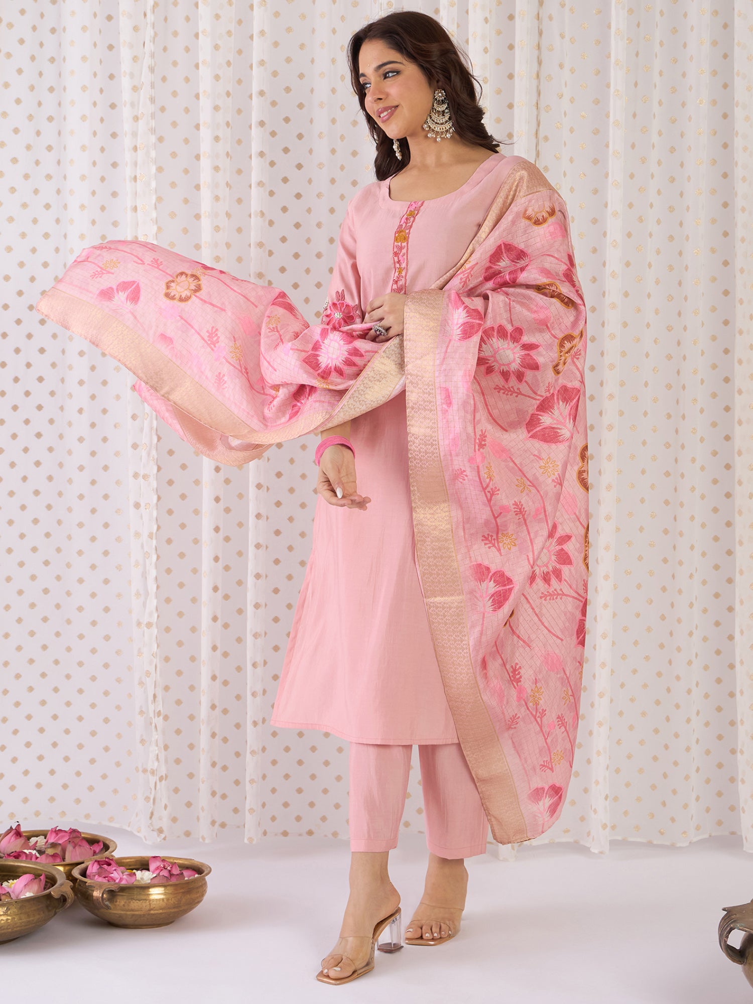 Women Peach Embroidered Straight Kurta Trousers With Dupatta Set