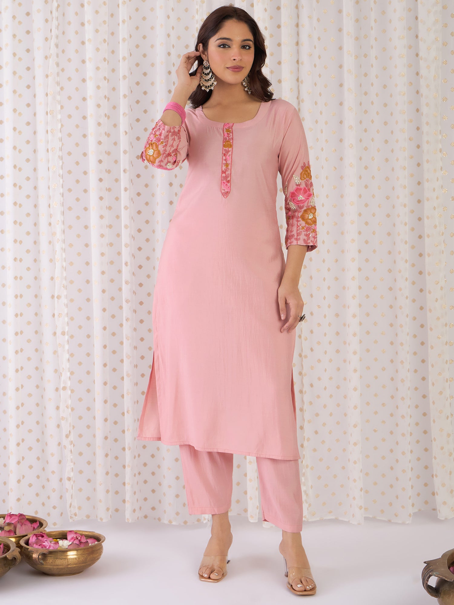 Women Peach Embroidered Straight Kurta Trousers With Dupatta Set
