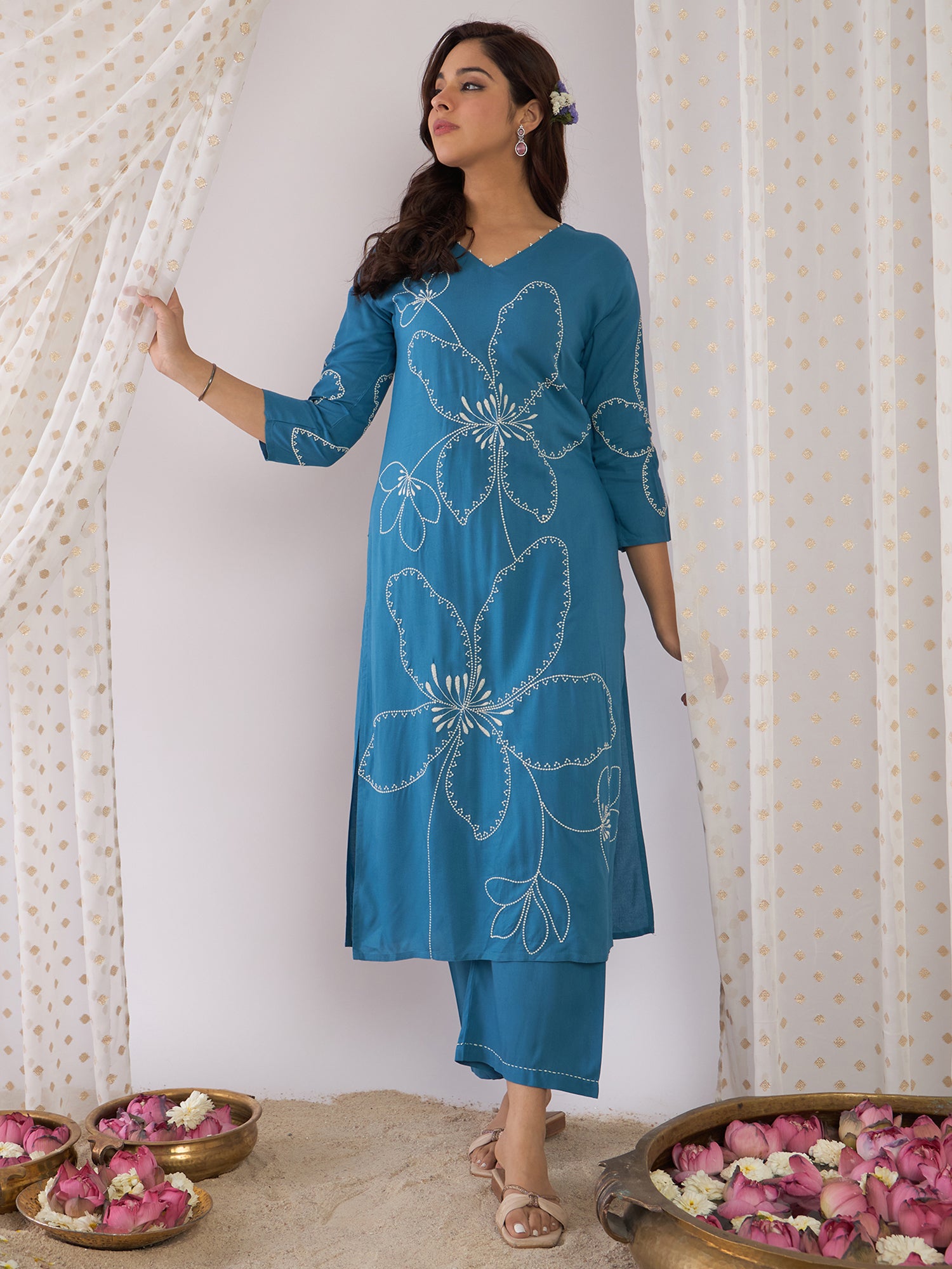 Women Blue Embroidered Straight Kurta Palazzos Set