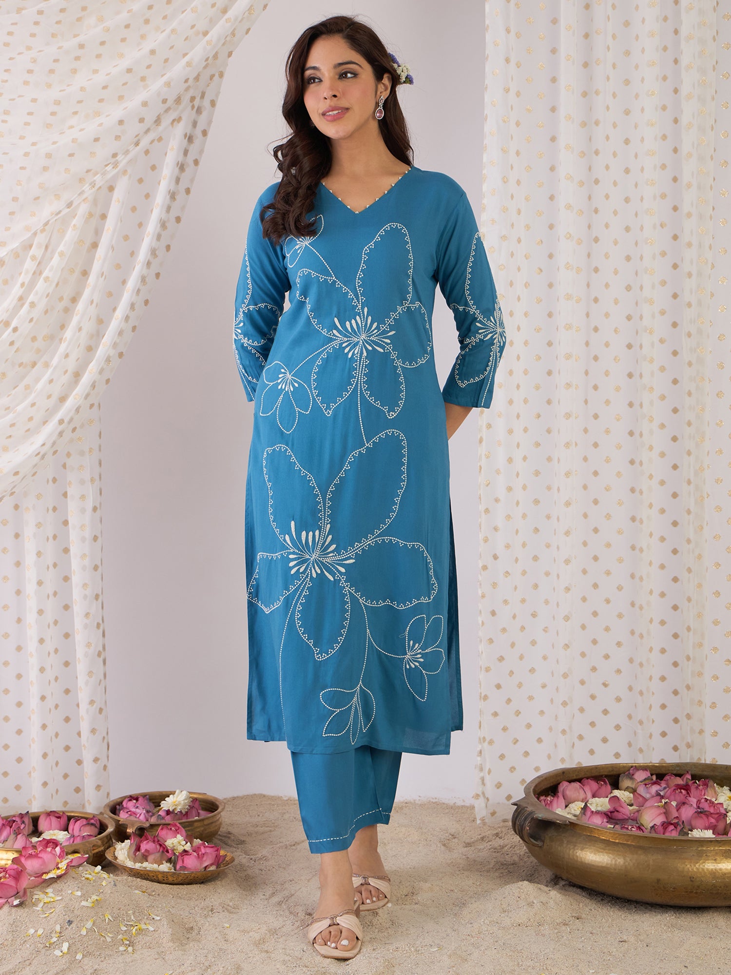 Women Blue Embroidered Straight Kurta Palazzos Set