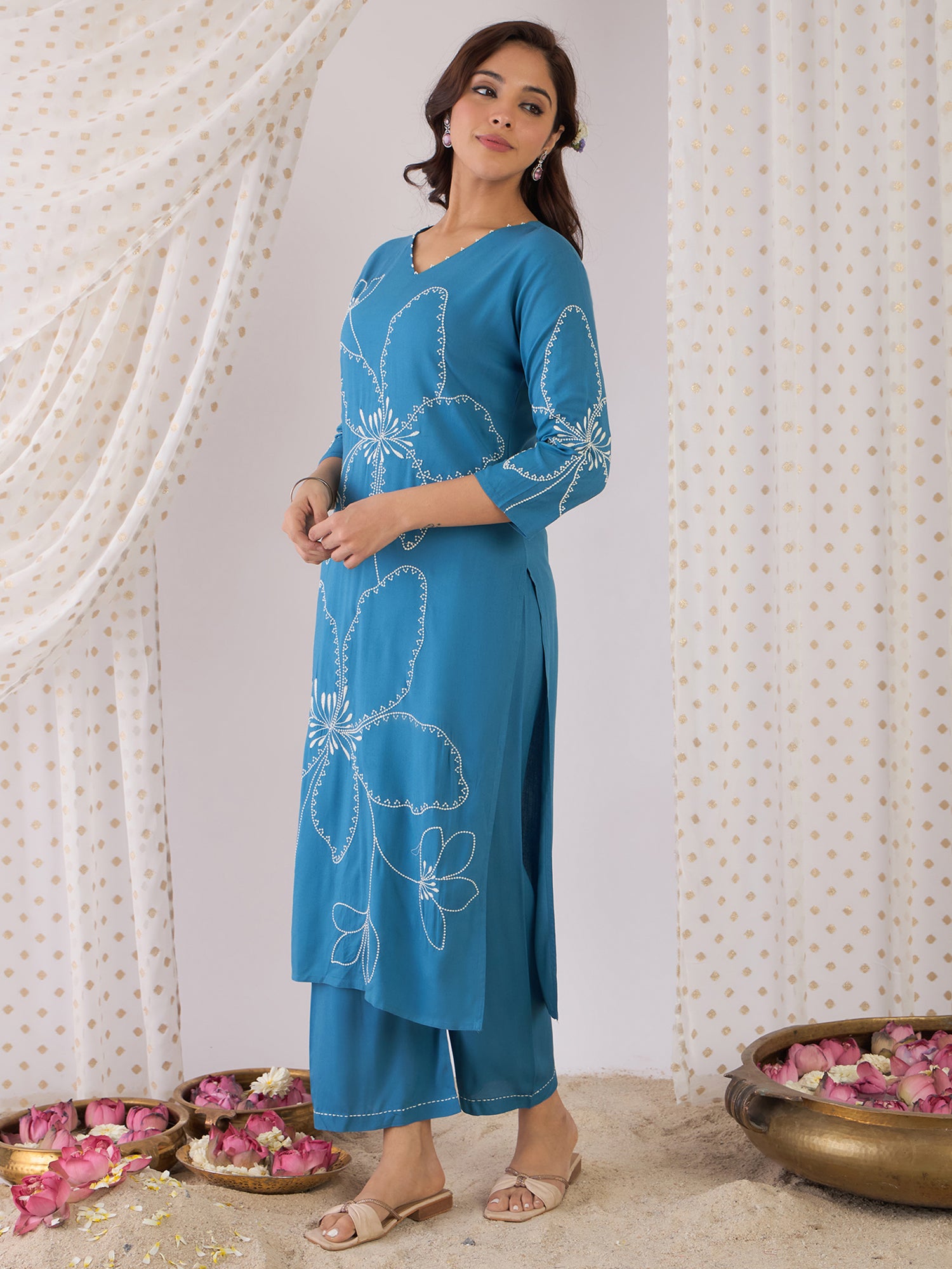 Women Blue Embroidered Straight Kurta Palazzos Set