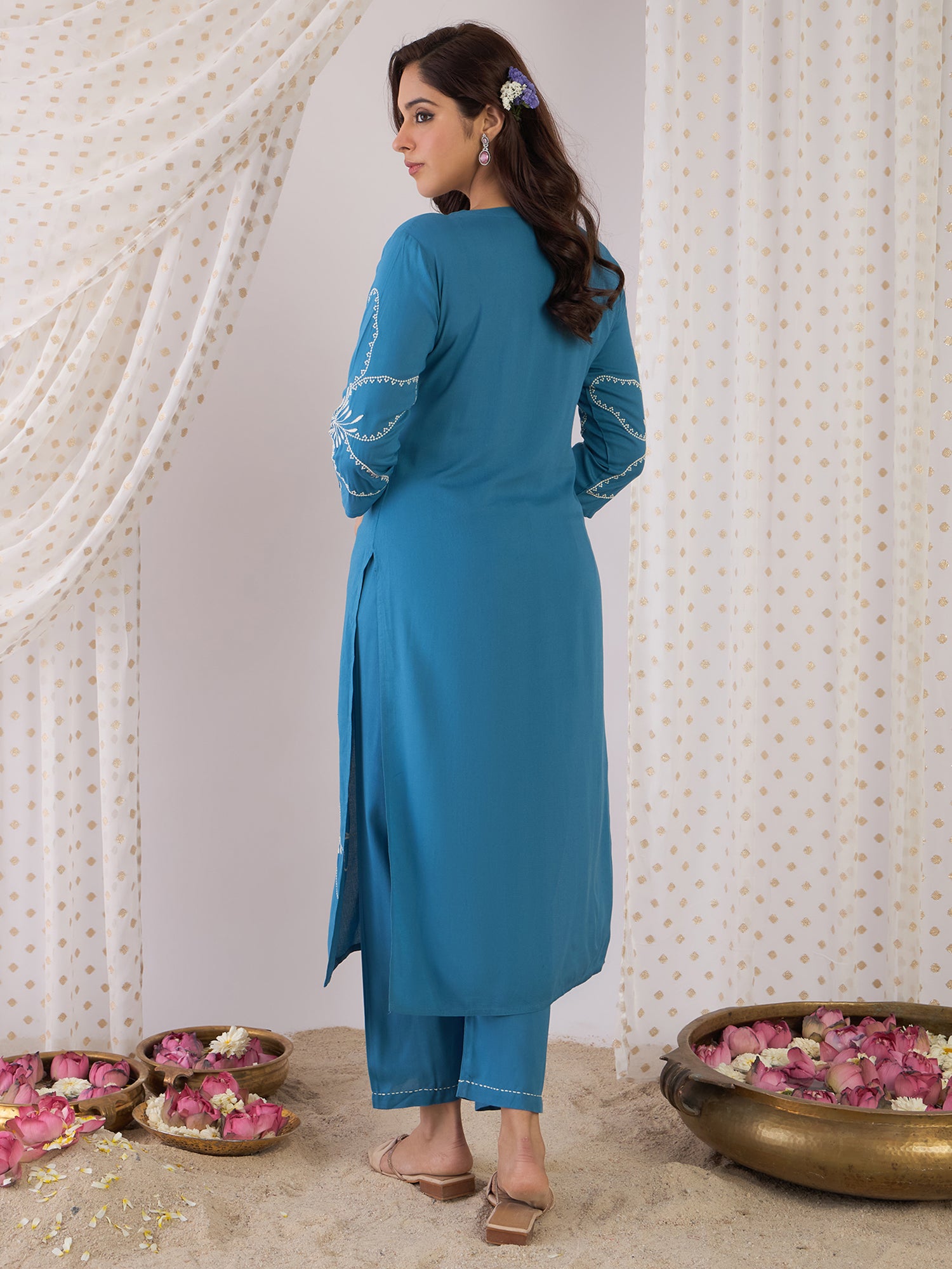 Women Blue Embroidered Straight Kurta Palazzos Set