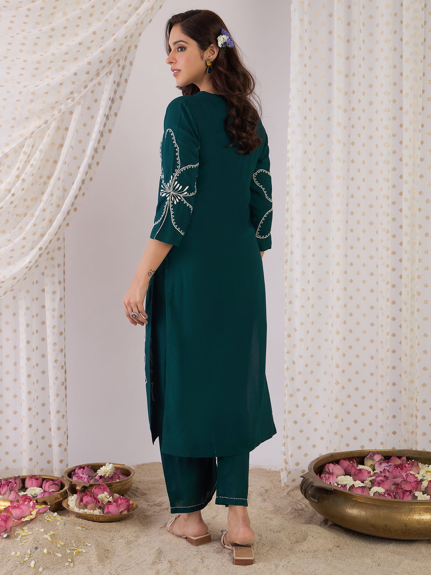 Women Teal Embroidered Straight Kurta Palazzos  Set