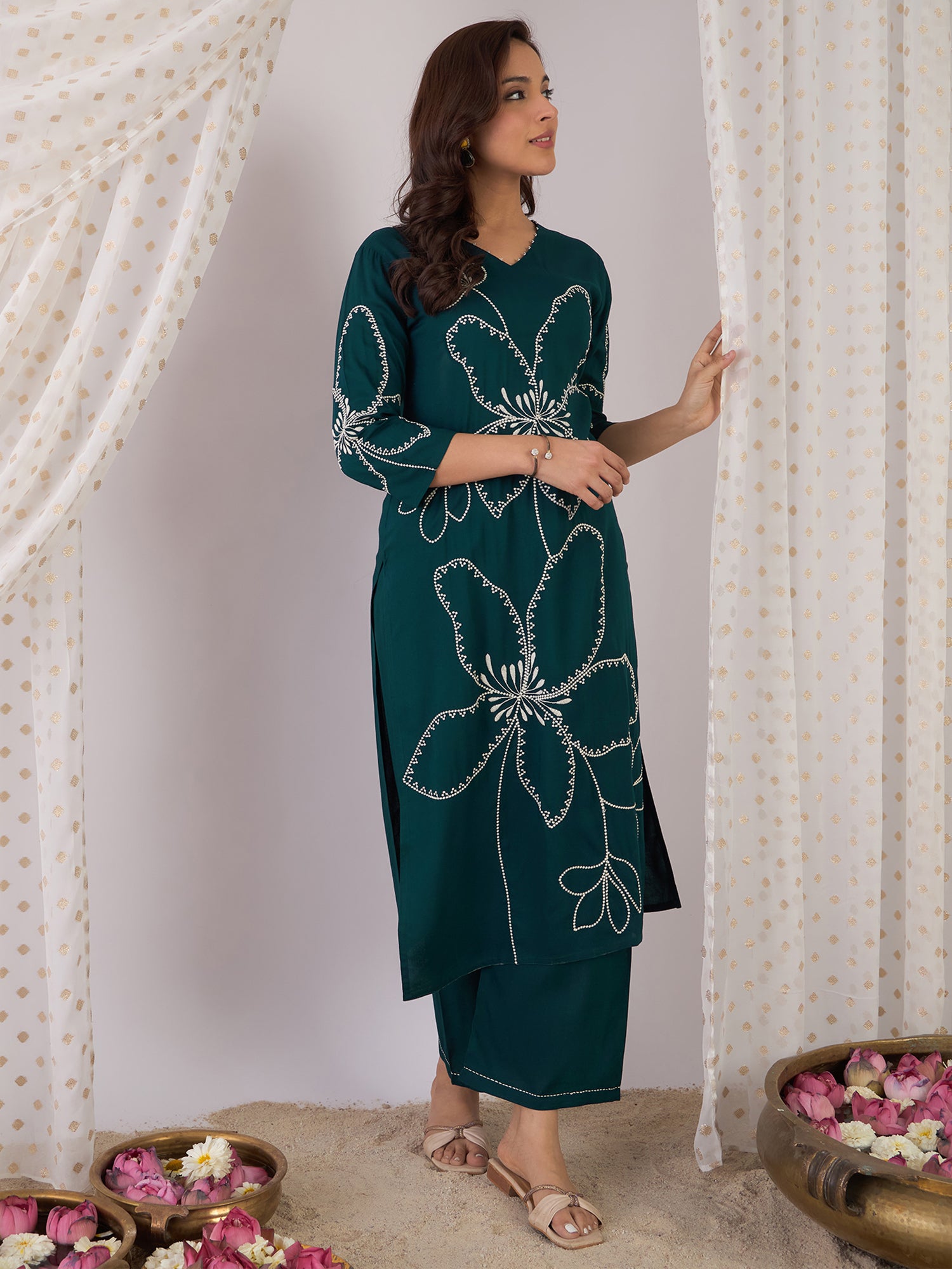 Women Teal Embroidered Straight Kurta Palazzos  Set