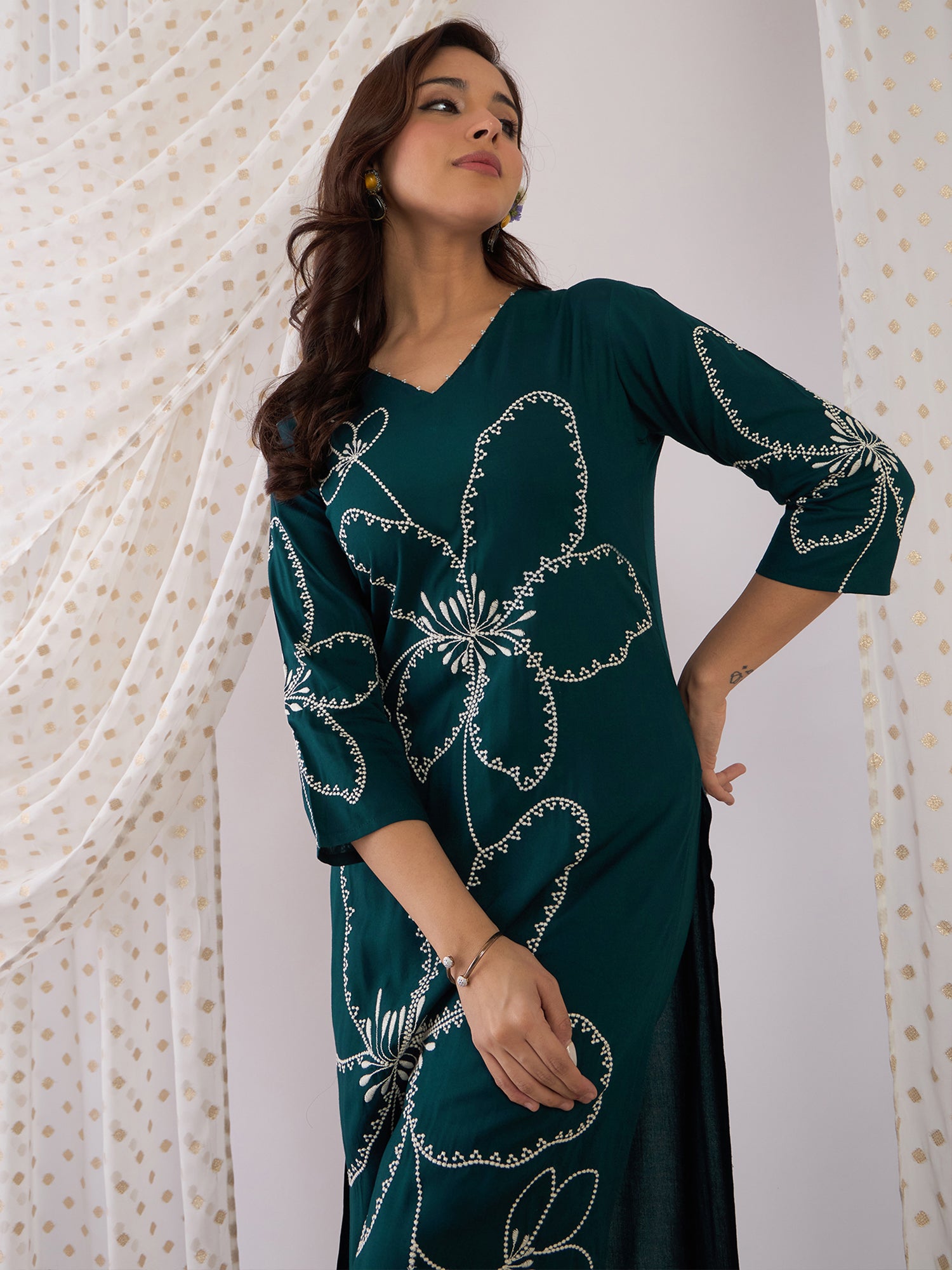 Women Teal Embroidered Straight Kurta Palazzos  Set