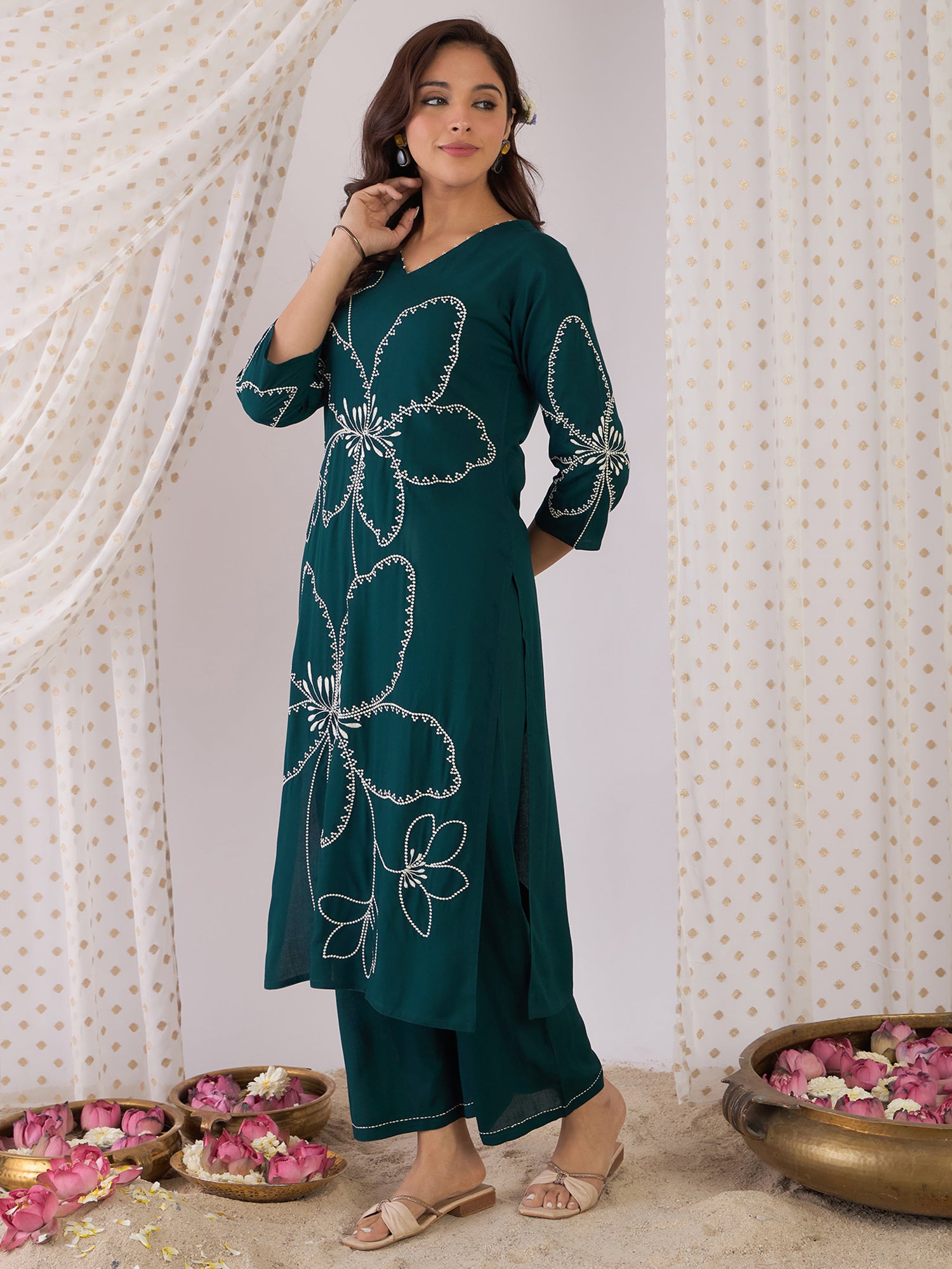Women Teal Embroidered Straight Kurta Palazzos  Set