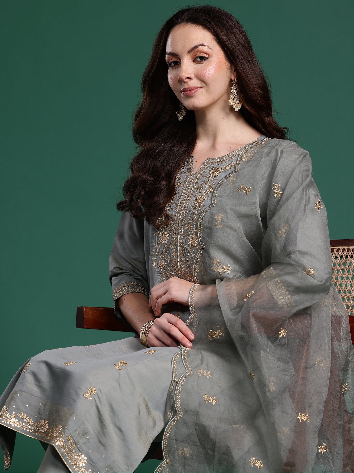 Women Blue Embroidered Straight Kurta Trousers With Dupatta Set