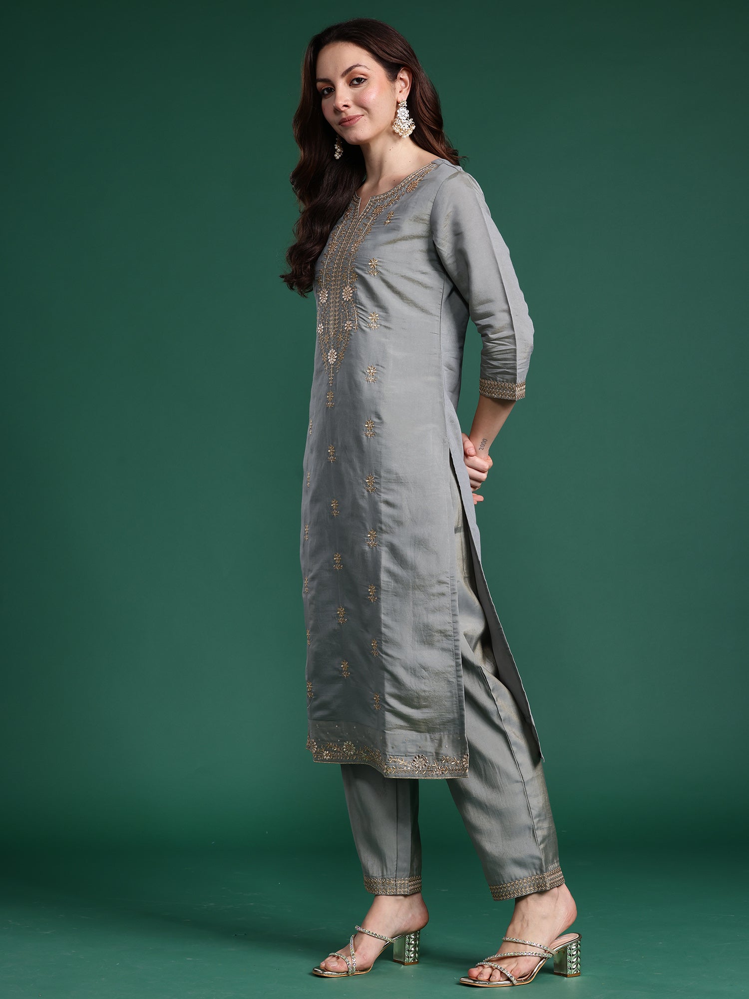 Women Blue Embroidered Straight Kurta Trousers With Dupatta Set