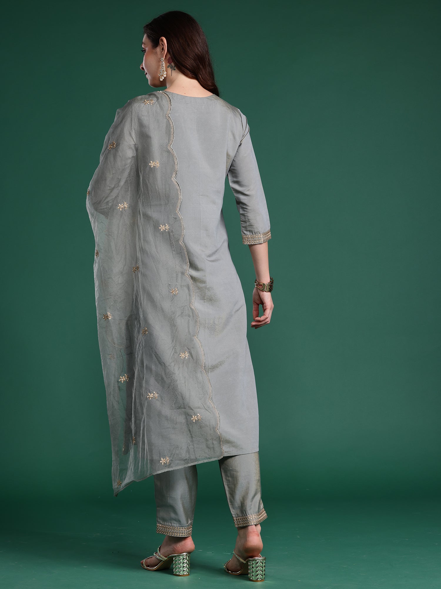Women Blue Embroidered Straight Kurta Trousers With Dupatta Set