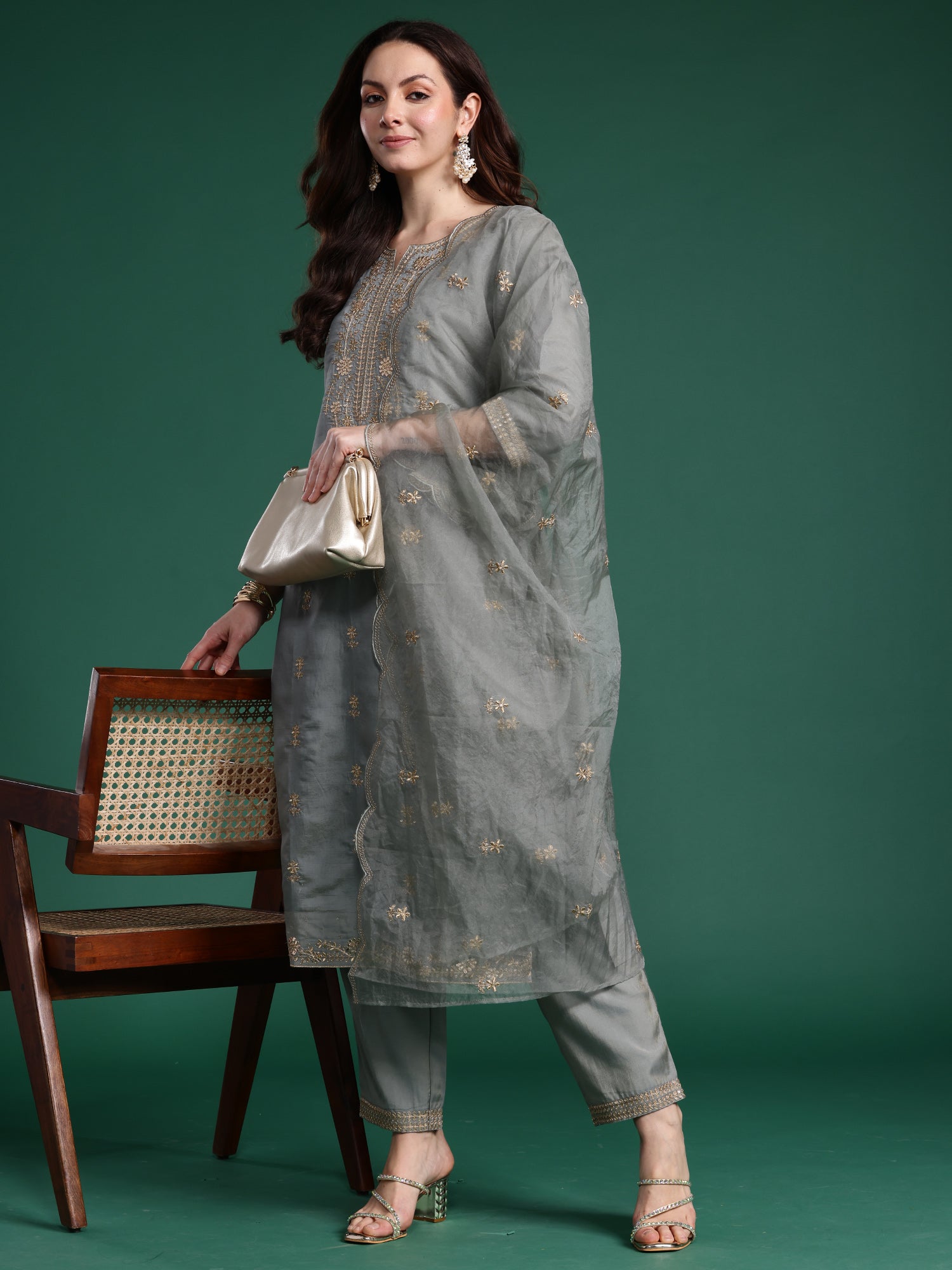 Women Blue Embroidered Straight Kurta Trousers With Dupatta Set