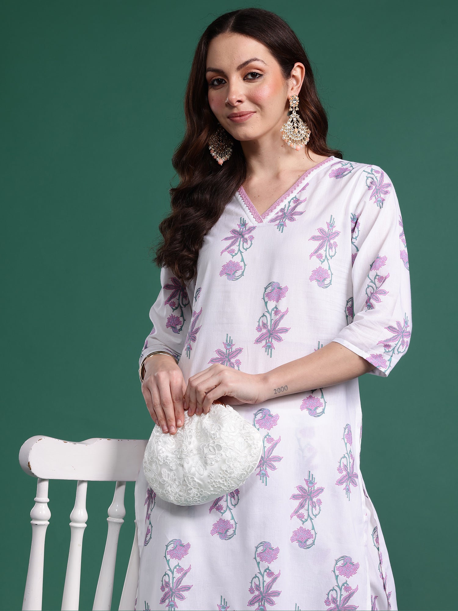 Women White Printed Straight Kurta Trousers Set
