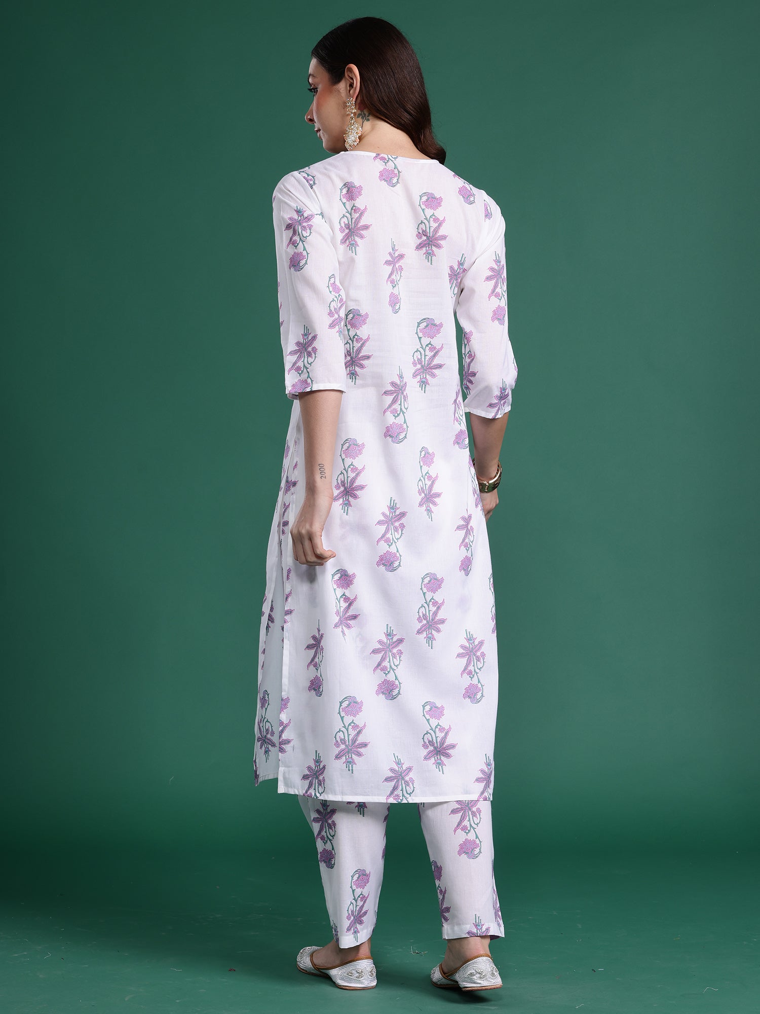 Women White Printed Straight Kurta Trousers Set