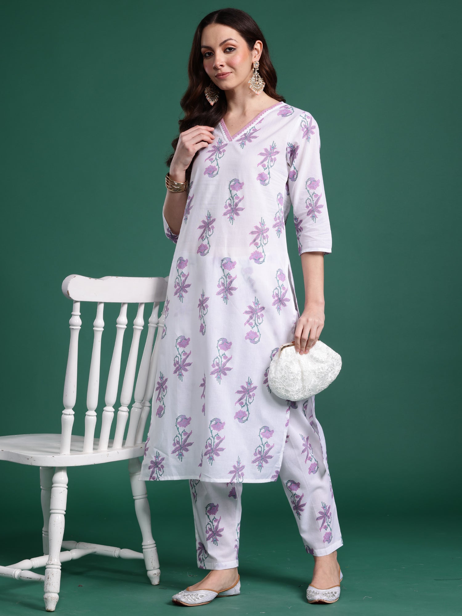 Women White Printed Straight Kurta Trousers Set