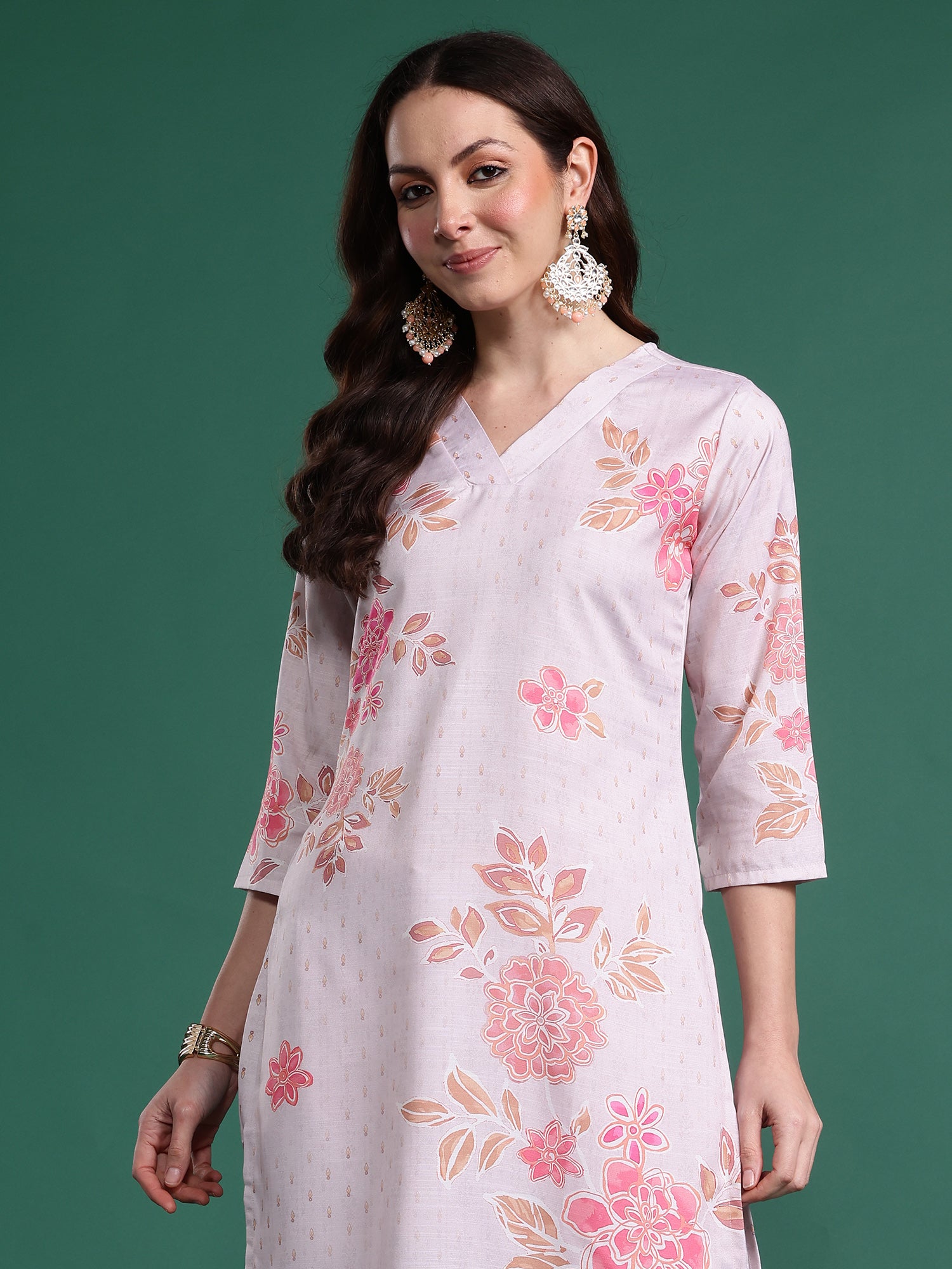 Women Peach Printed Straight Kurta Trousers  Set
