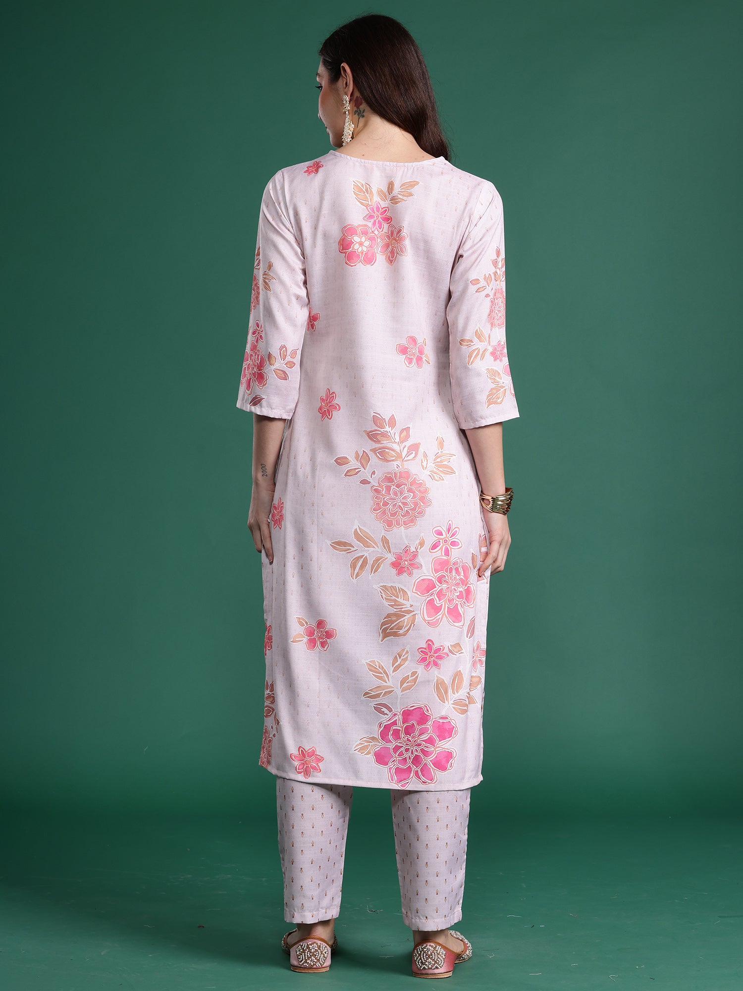 Women Peach Printed Straight Kurta Trousers  Set