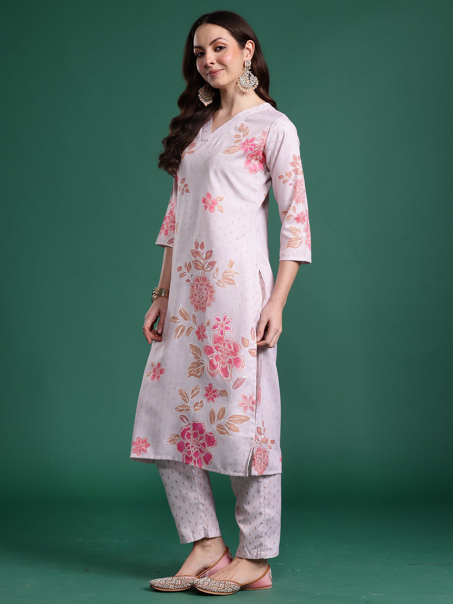 Women Peach Printed Straight Kurta Trousers  Set