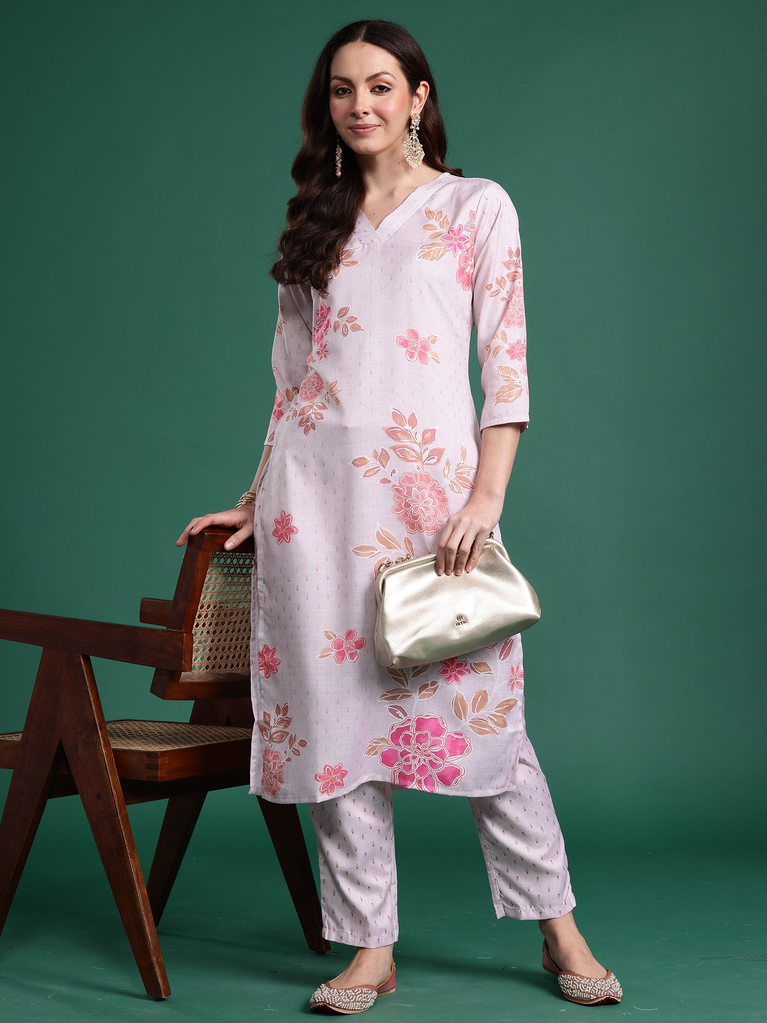 Women Peach Printed Straight Kurta Trousers  Set