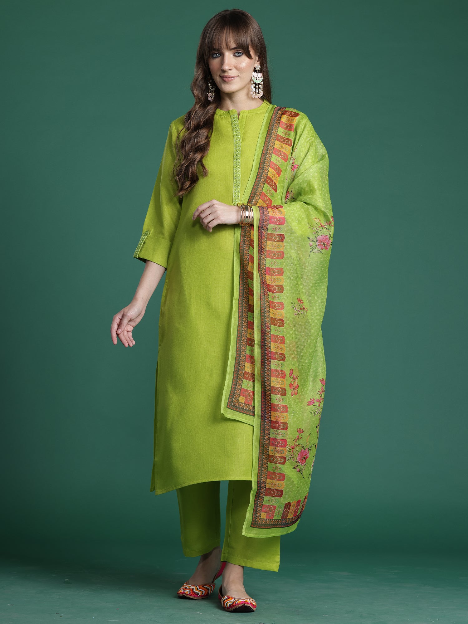 Women Green Embroidered Straight Kurta Trousers With Dupatta Set