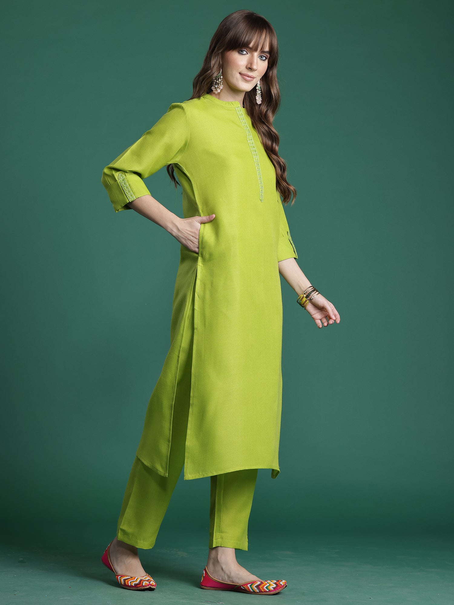 Women Green Embroidered Straight Kurta Trousers With Dupatta Set