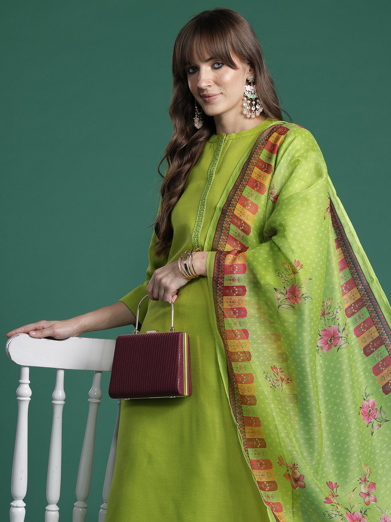 Women Green Embroidered Straight Kurta Trousers With Dupatta Set