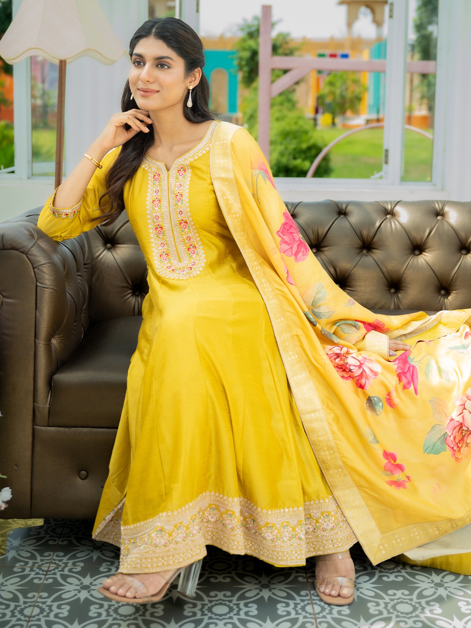 Women Yellow Embroidered Anarkali Kurta Trousers With Dupatta Set