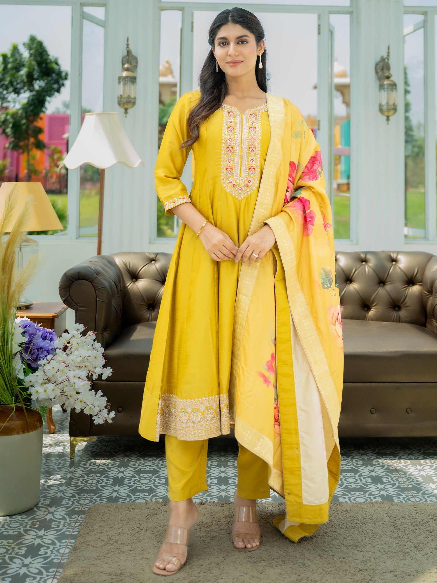 Women Yellow Embroidered Anarkali Kurta Trousers With Dupatta Set