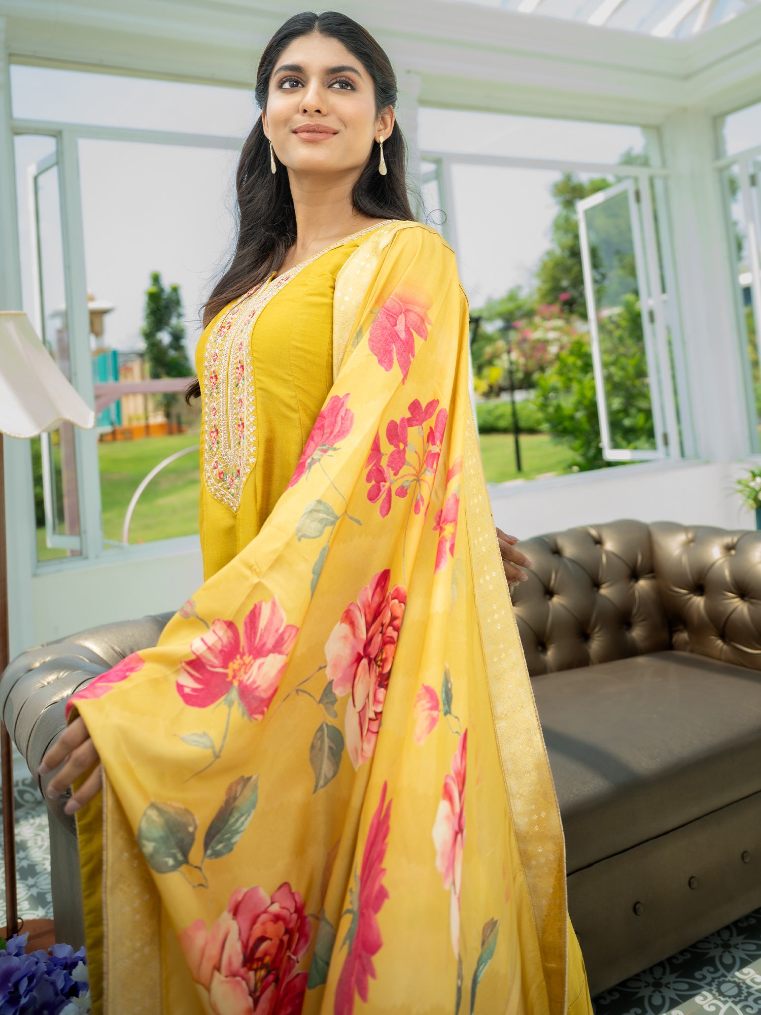 Women Yellow Embroidered Anarkali Kurta Trousers With Dupatta Set
