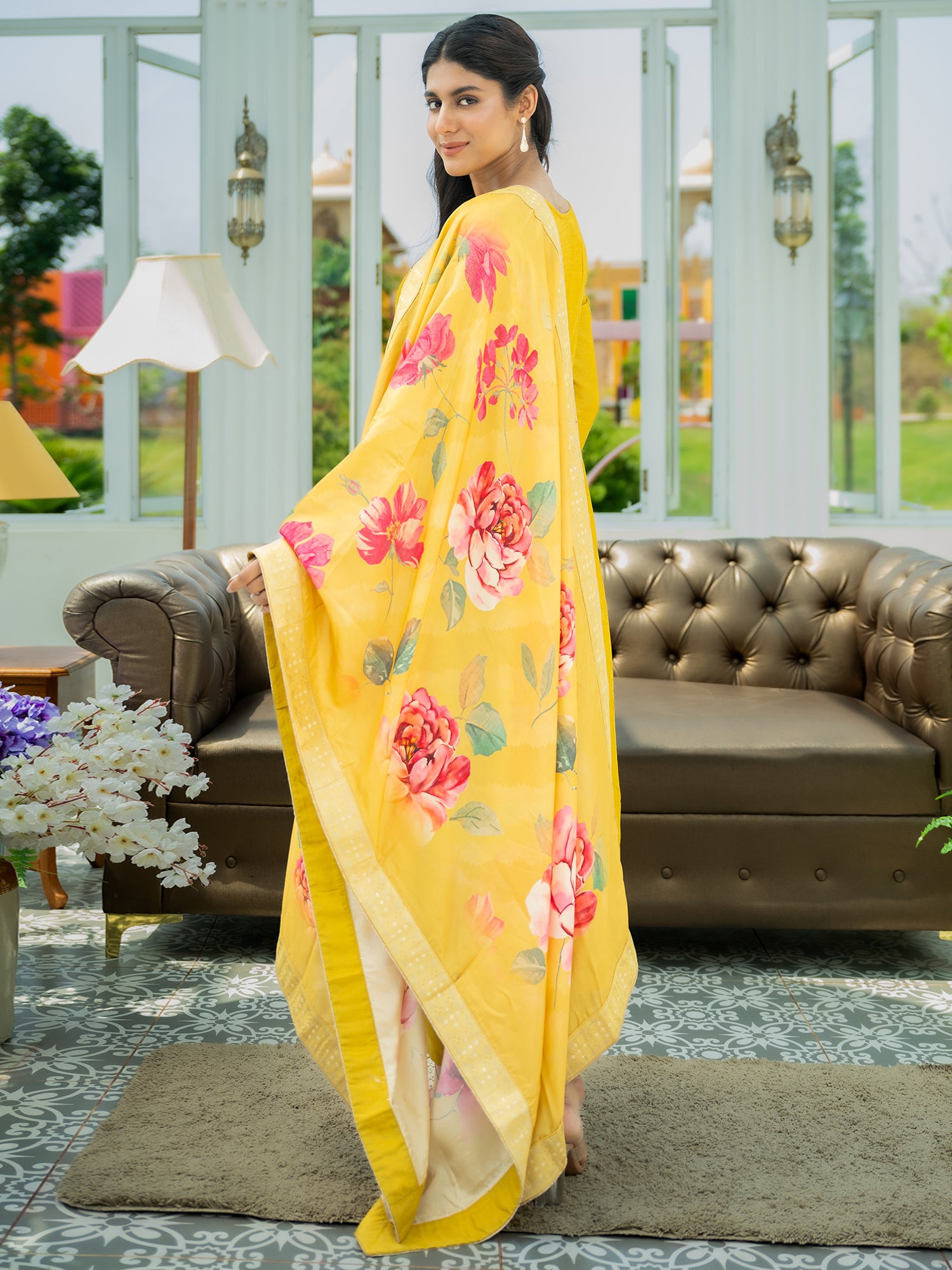 Women Yellow Embroidered Anarkali Kurta Trousers With Dupatta Set