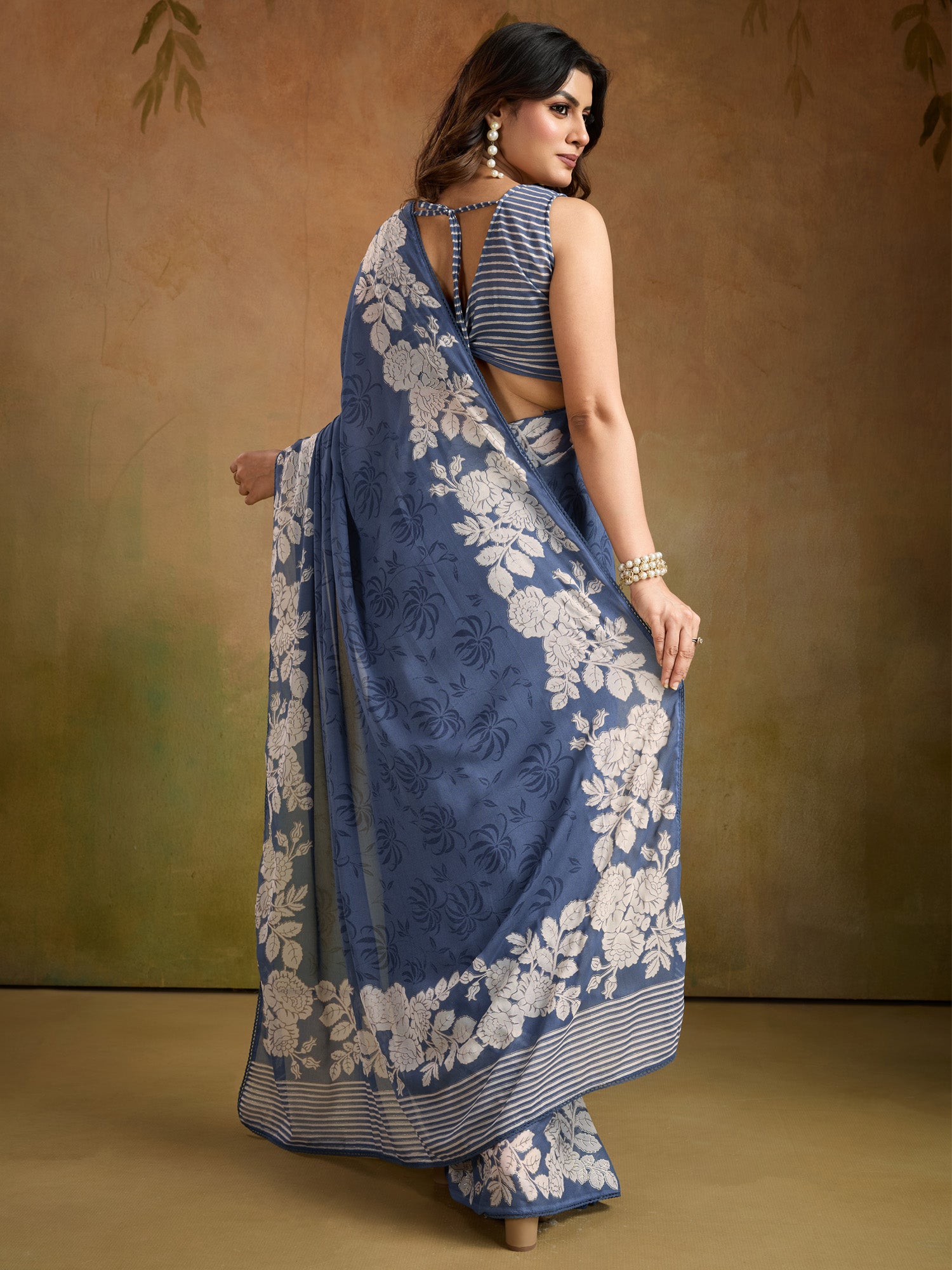 Women's Georgette Light Blue Printed Designer Saree With Blouse Piece
