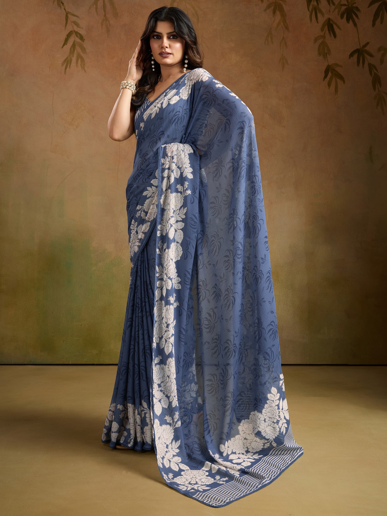 Women's Georgette Light Blue Printed Designer Saree With Blouse Piece